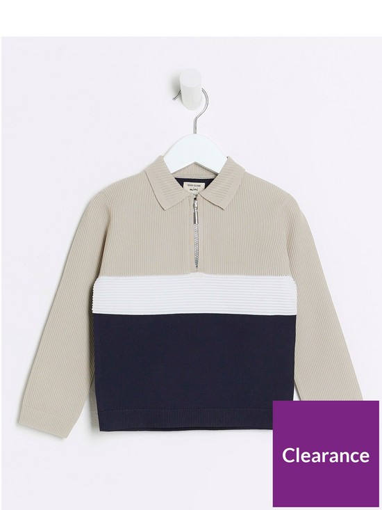 front image of river-island-mini-mini-boys-knitted-colour-block-polo-navy