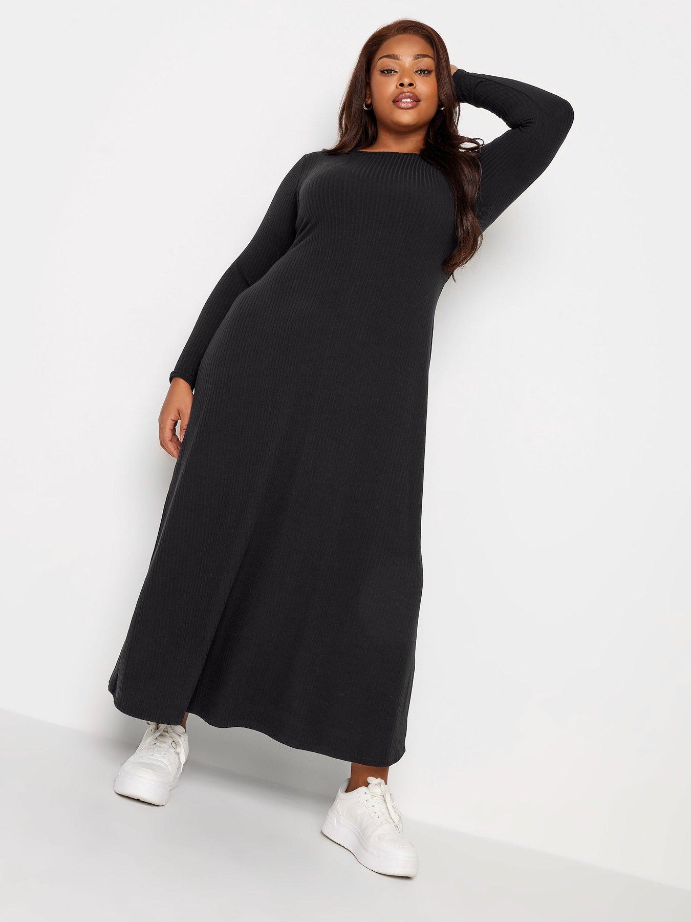 yours-long-sleeve-rib-swing-dress-black