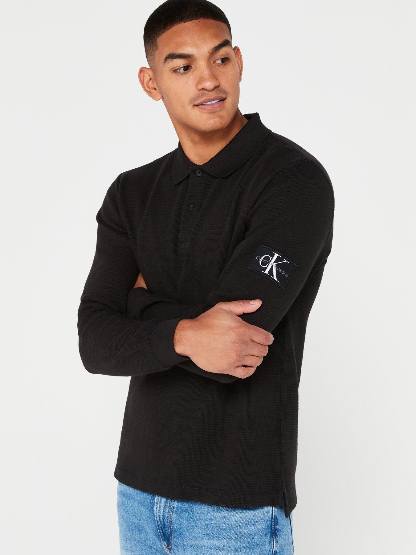 Waffle Long Sleeve Badge Polo Shirt - Black