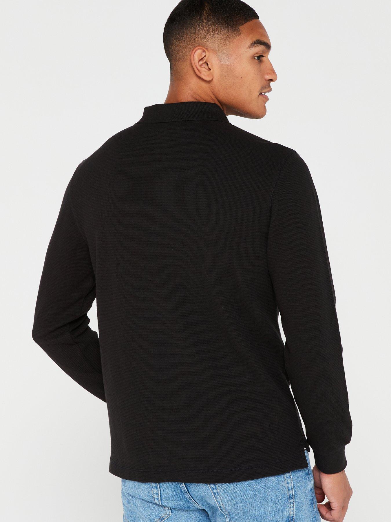 Waffle Long Sleeve Badge Polo Shirt - Black