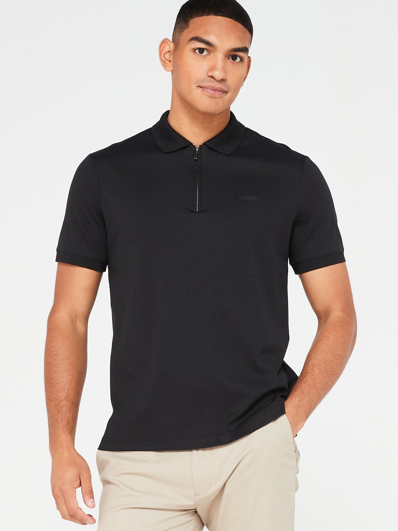  image of calvin-klein-smooth-cotton-zip-neck-polo-shirt-black