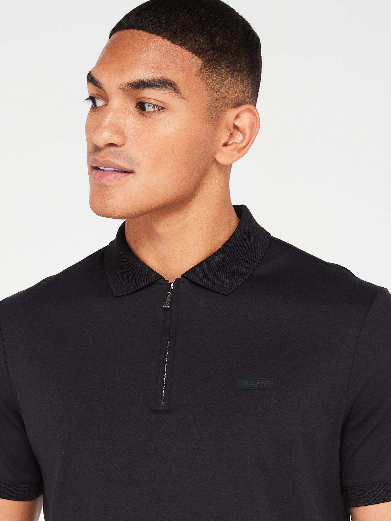  image of calvin-klein-smooth-cotton-zip-neck-polo-shirt-black