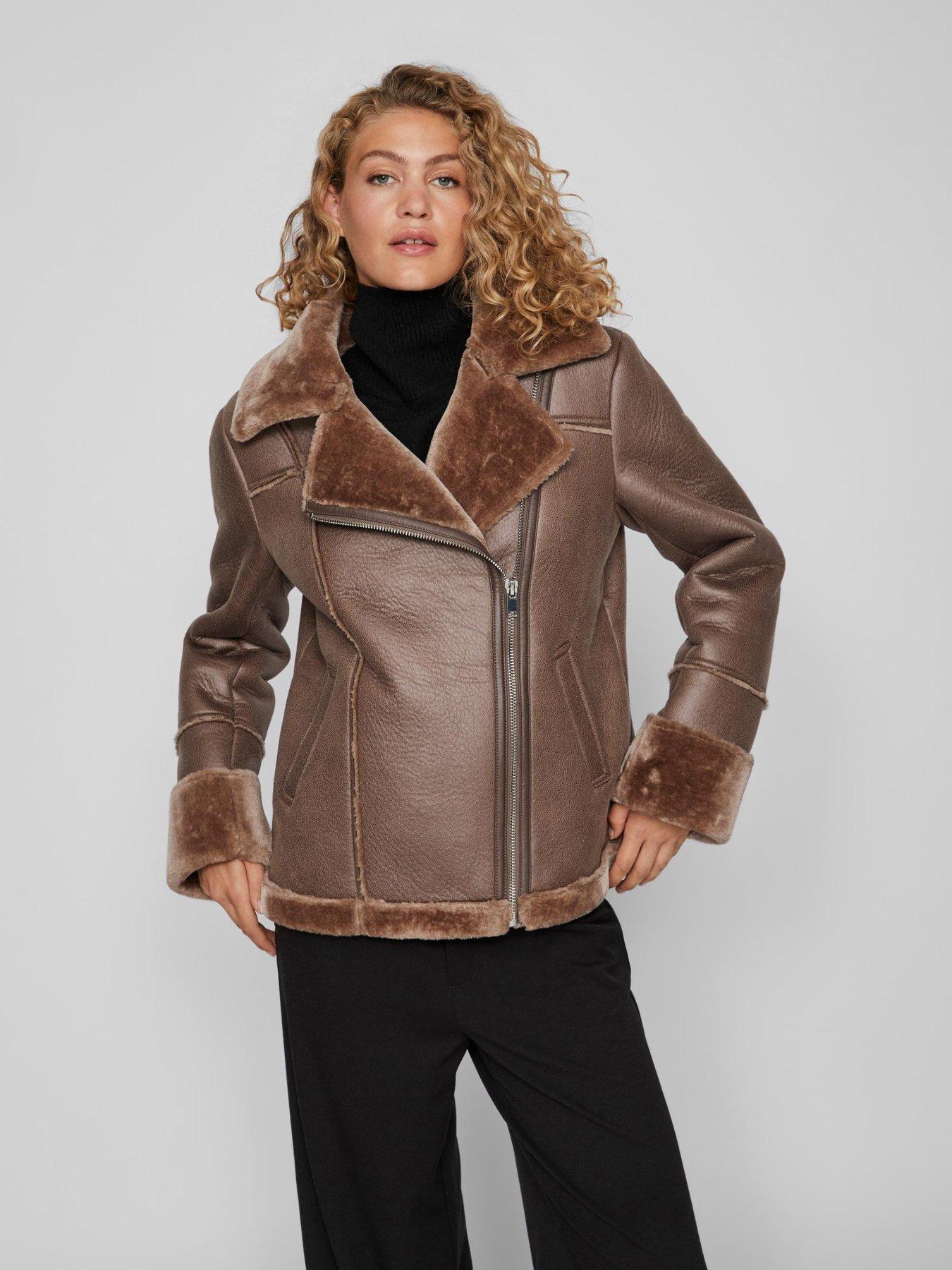 Mint Velvet Aviator Jacket Faux Fur Leather Black Women's Size 12