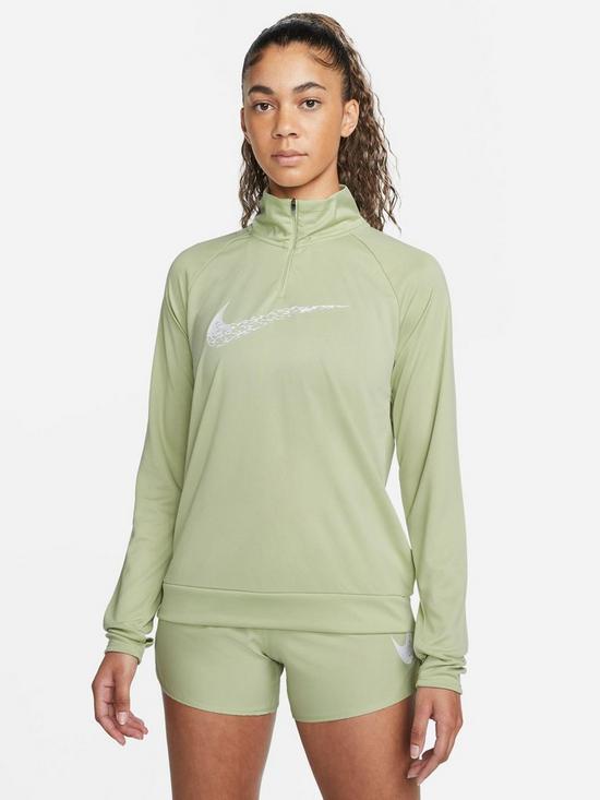front image of nike-womens-running-dri-fit-swoosh-12-zip-top-green