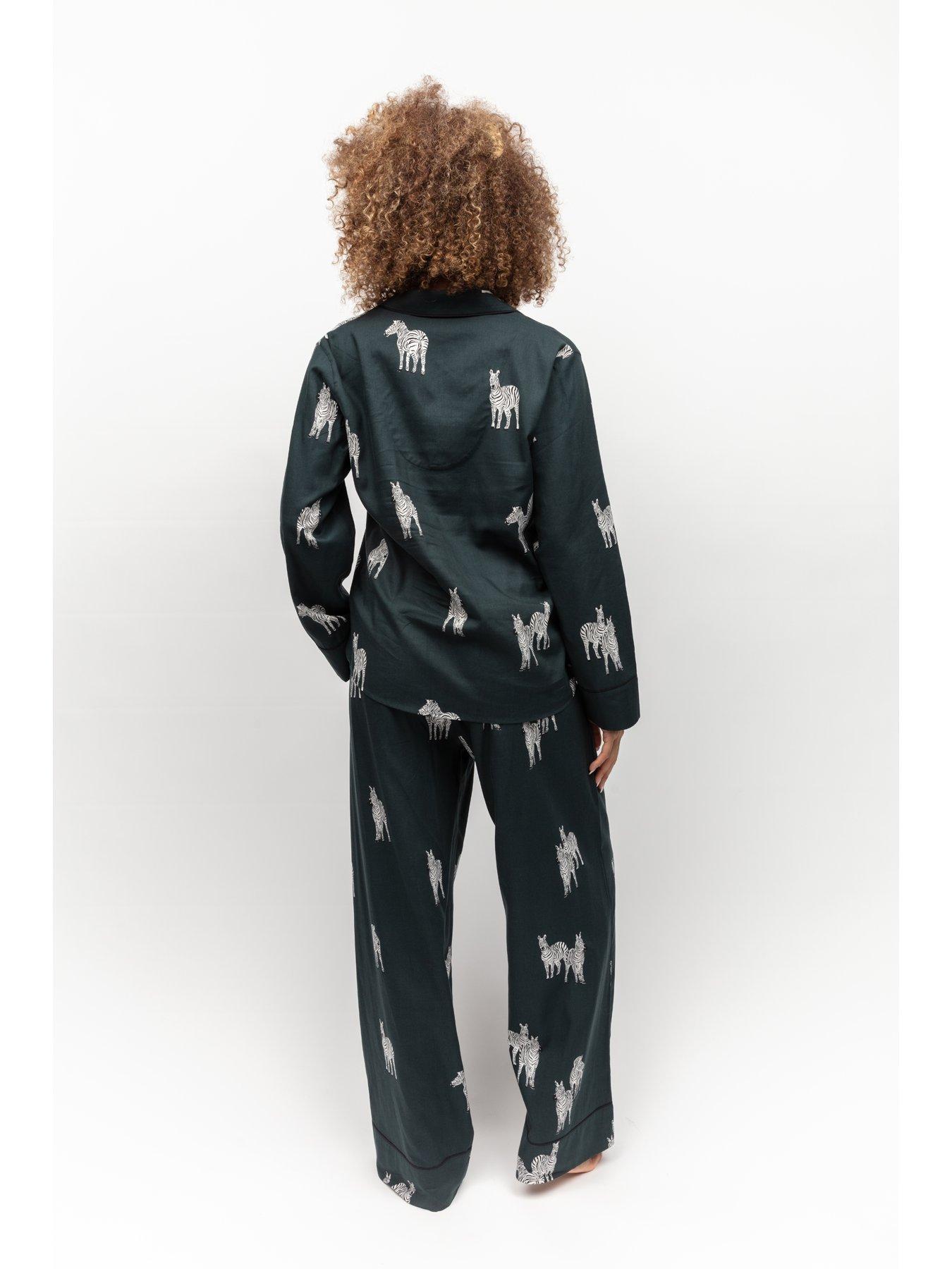  image of cyberjammies-dark-green-zebra-print-pyjama-wide-leg-pyjama