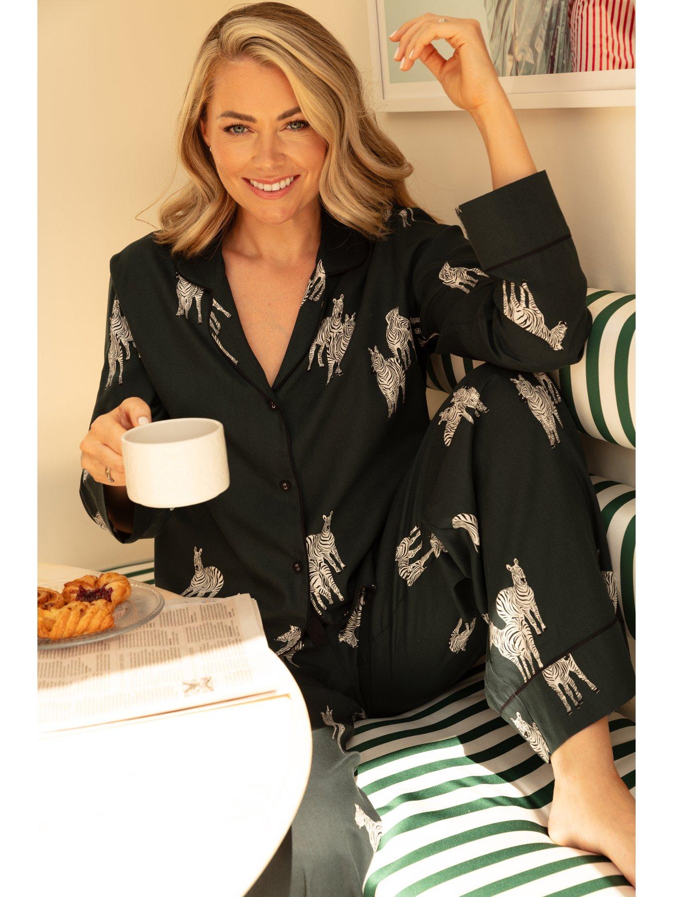  image of cyberjammies-dark-green-zebra-print-pyjama-wide-leg-pyjama