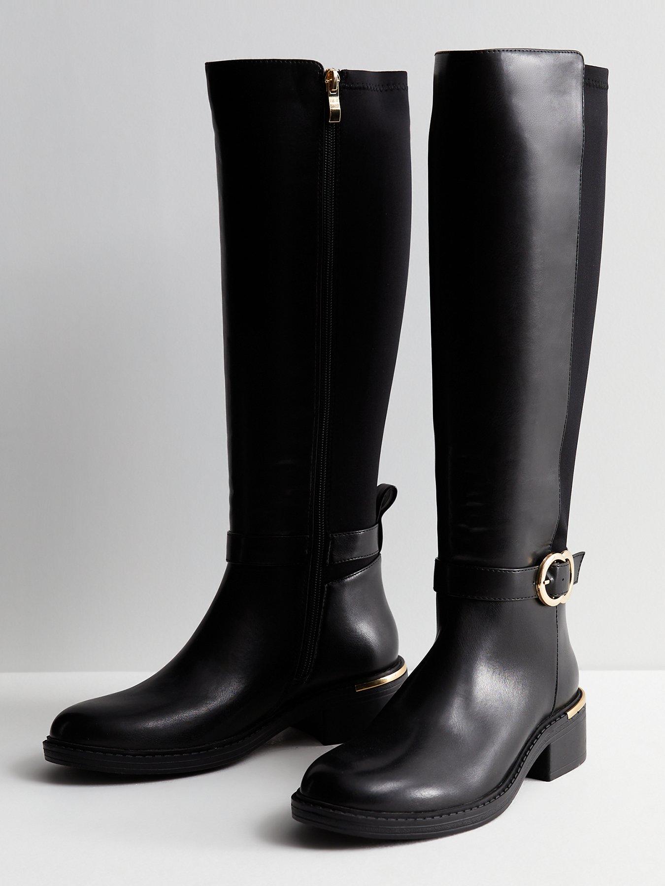 New Look Wide Fit Black Leather-Look Buckle Knee High Boots ...