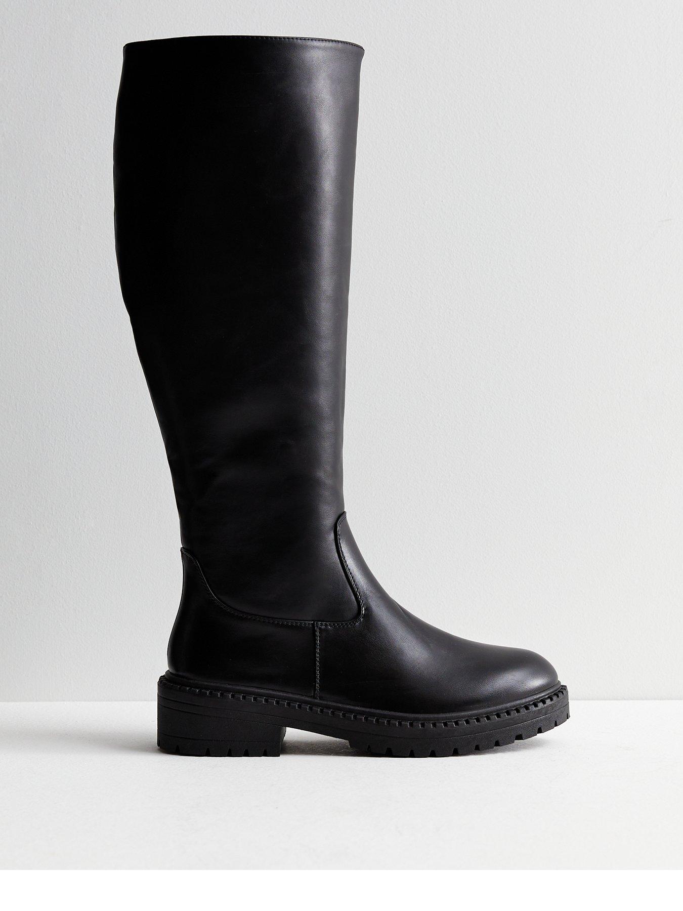 Extra Calf Fit Black Leather Look Chunky Knee High Boots