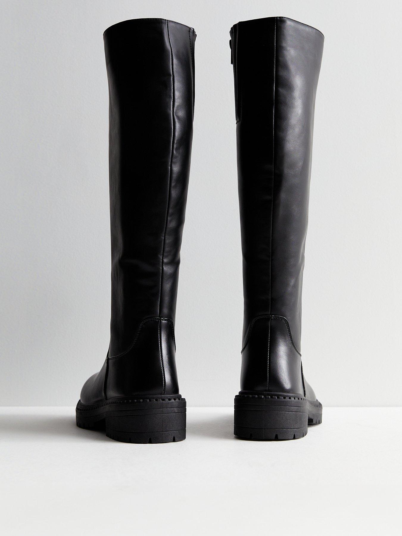 Extra Calf Fit Black Leather Look Chunky Knee High Boots