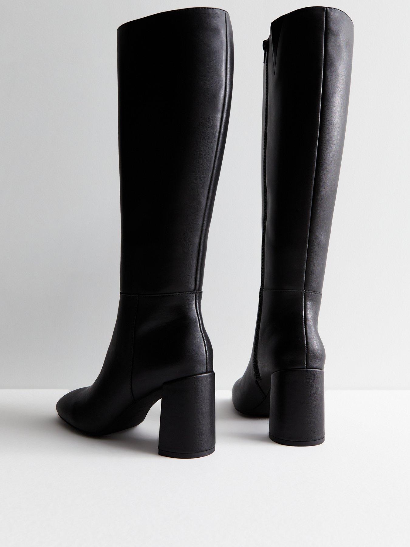 New Look Extra Calf Fit Black Leather Look Block Heel Knee High Boots littlewoods