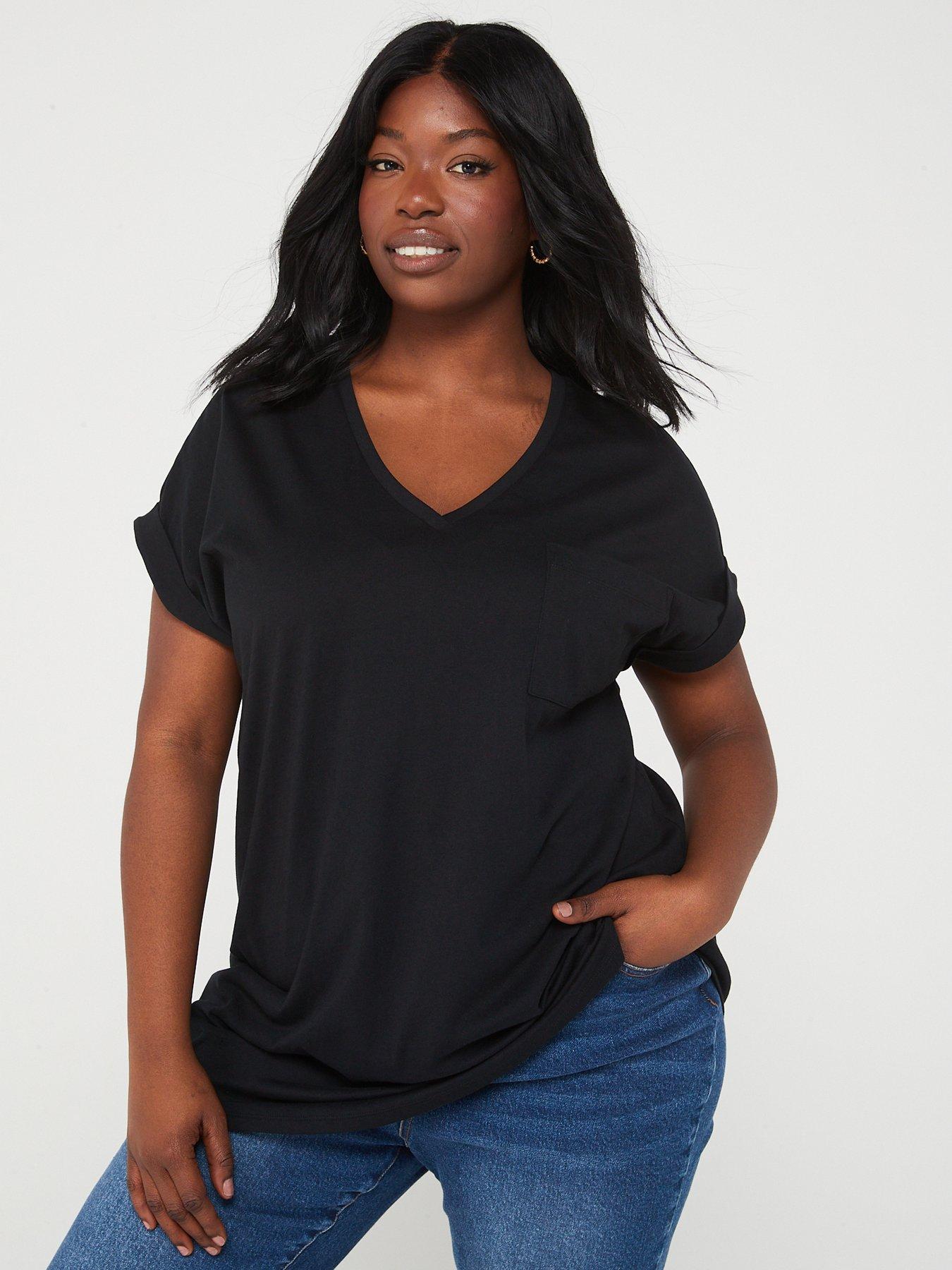 Image 1 of 6 of V by Very Curve V Neck Pocket T-Shirt - Black