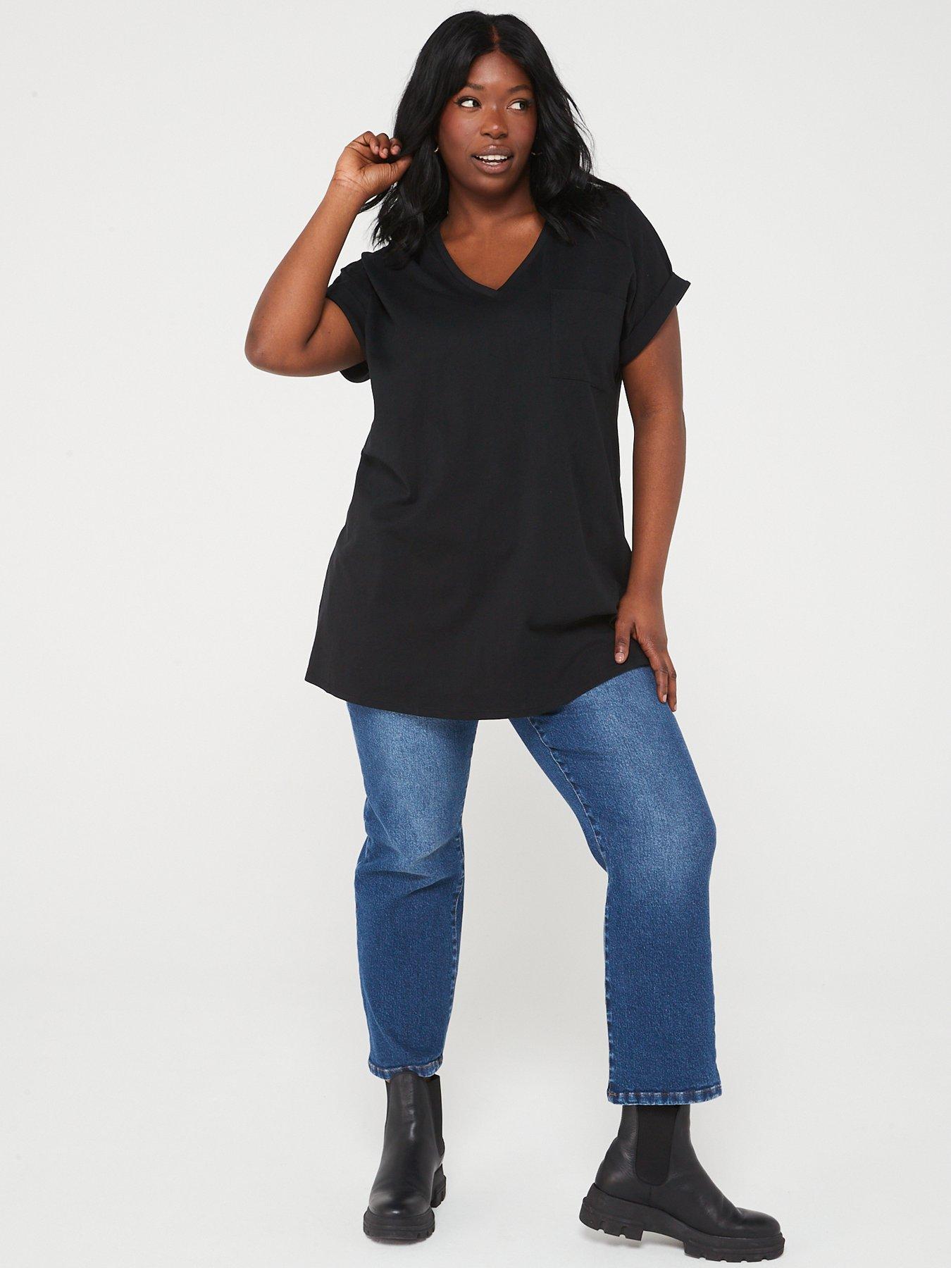 Image 3 of 6 of V by Very Curve V Neck Pocket T-Shirt - Black