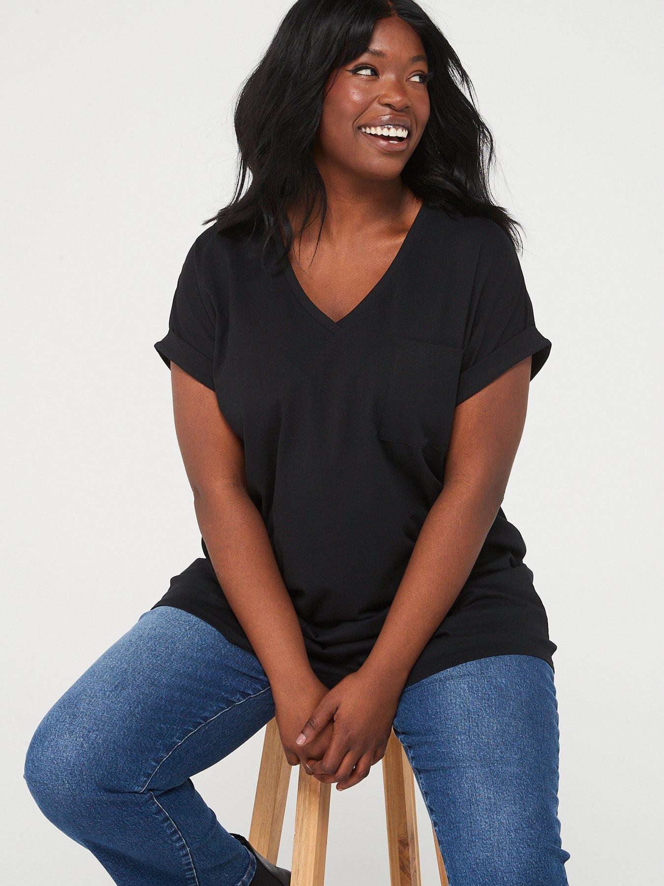 Image 4 of 6 of V by Very Curve V Neck Pocket T-Shirt - Black