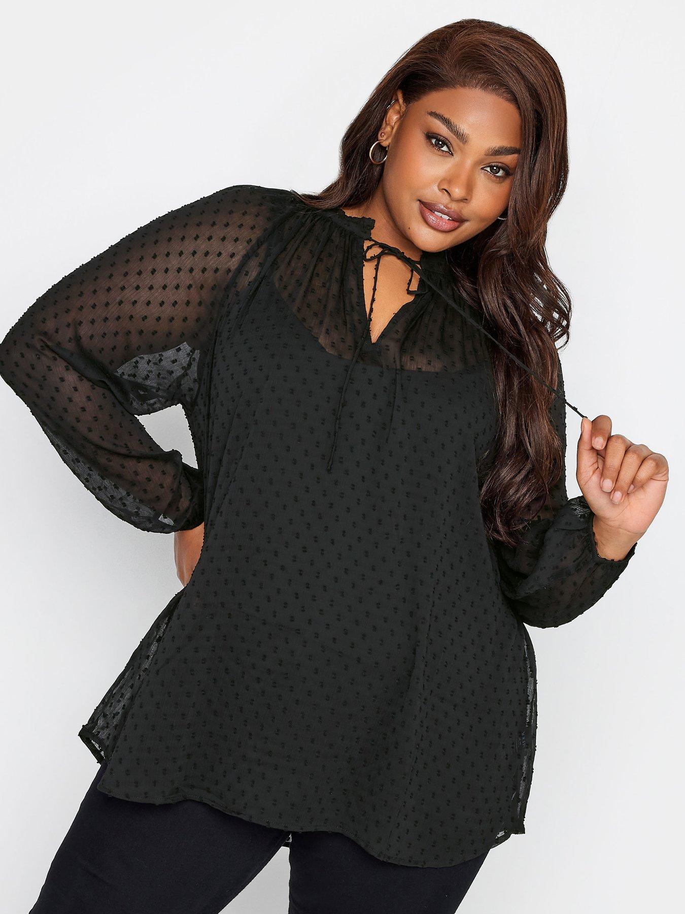 undefined Tie Neck Chiffon Top Black Dobby