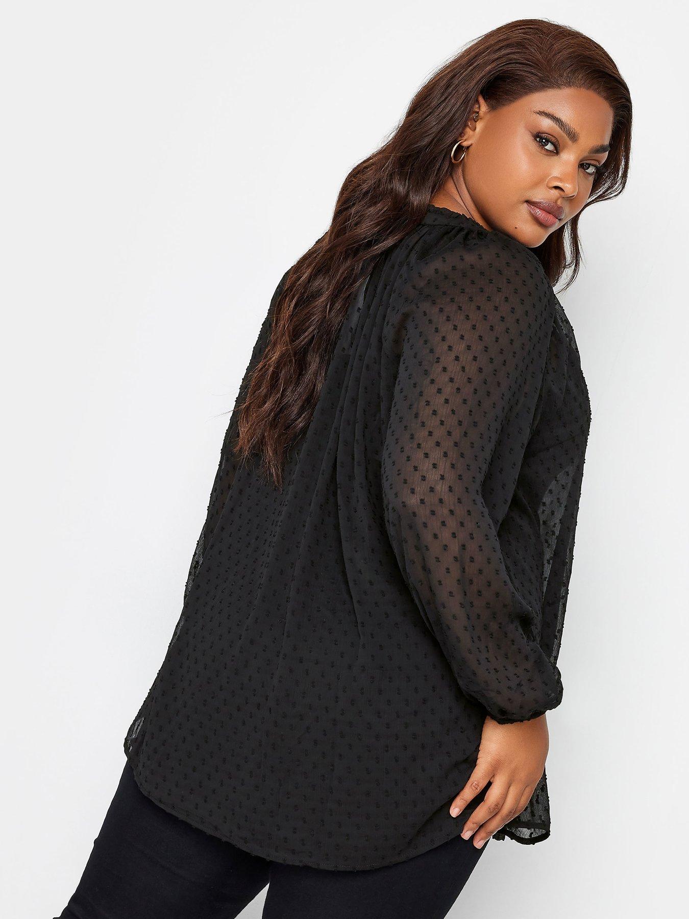 Image 2 of 4 of Yours Tie Neck Chiffon Top Black Dobby