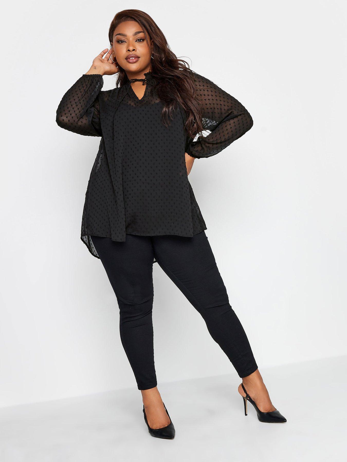 Image 3 of 4 of Yours Tie Neck Chiffon Top Black Dobby
