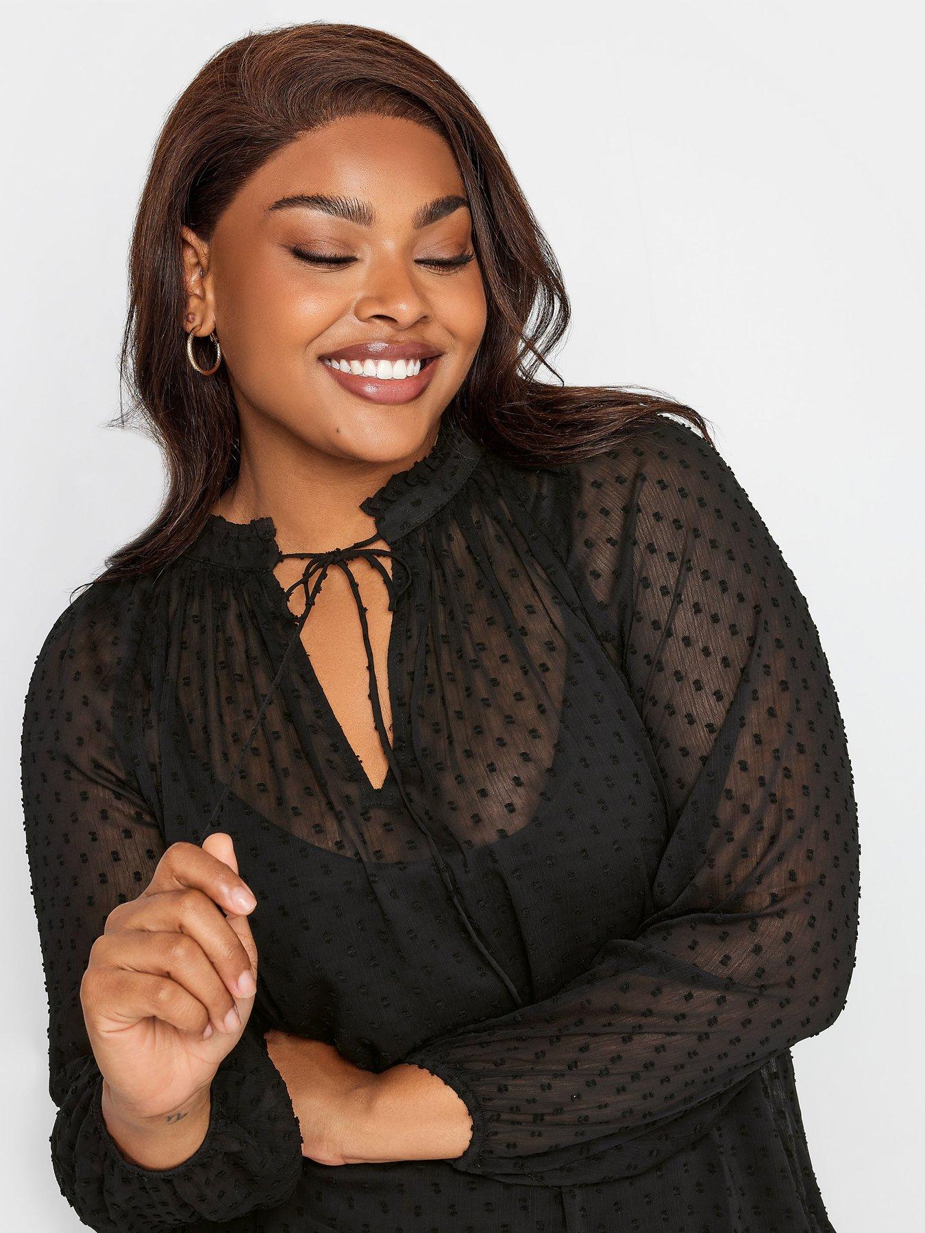 Image 4 of 4 of Yours Tie Neck Chiffon Top Black Dobby