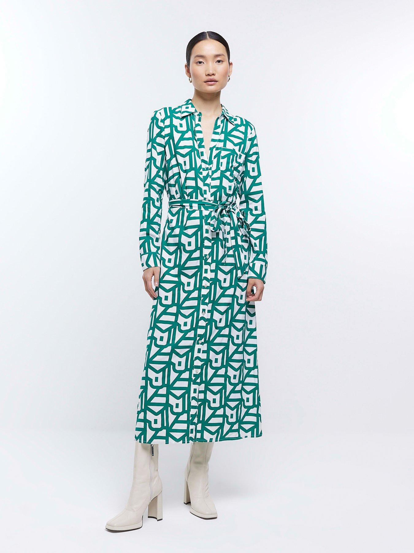 undefined Geo Printed Belted Shirt Dress - Green