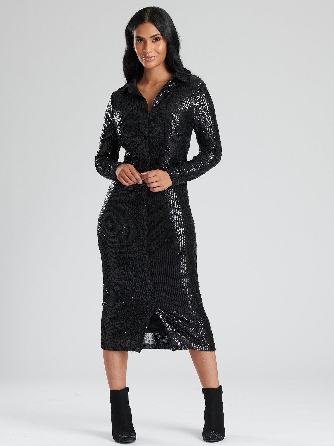 undefined Black Sequin Midi Shirt Dress