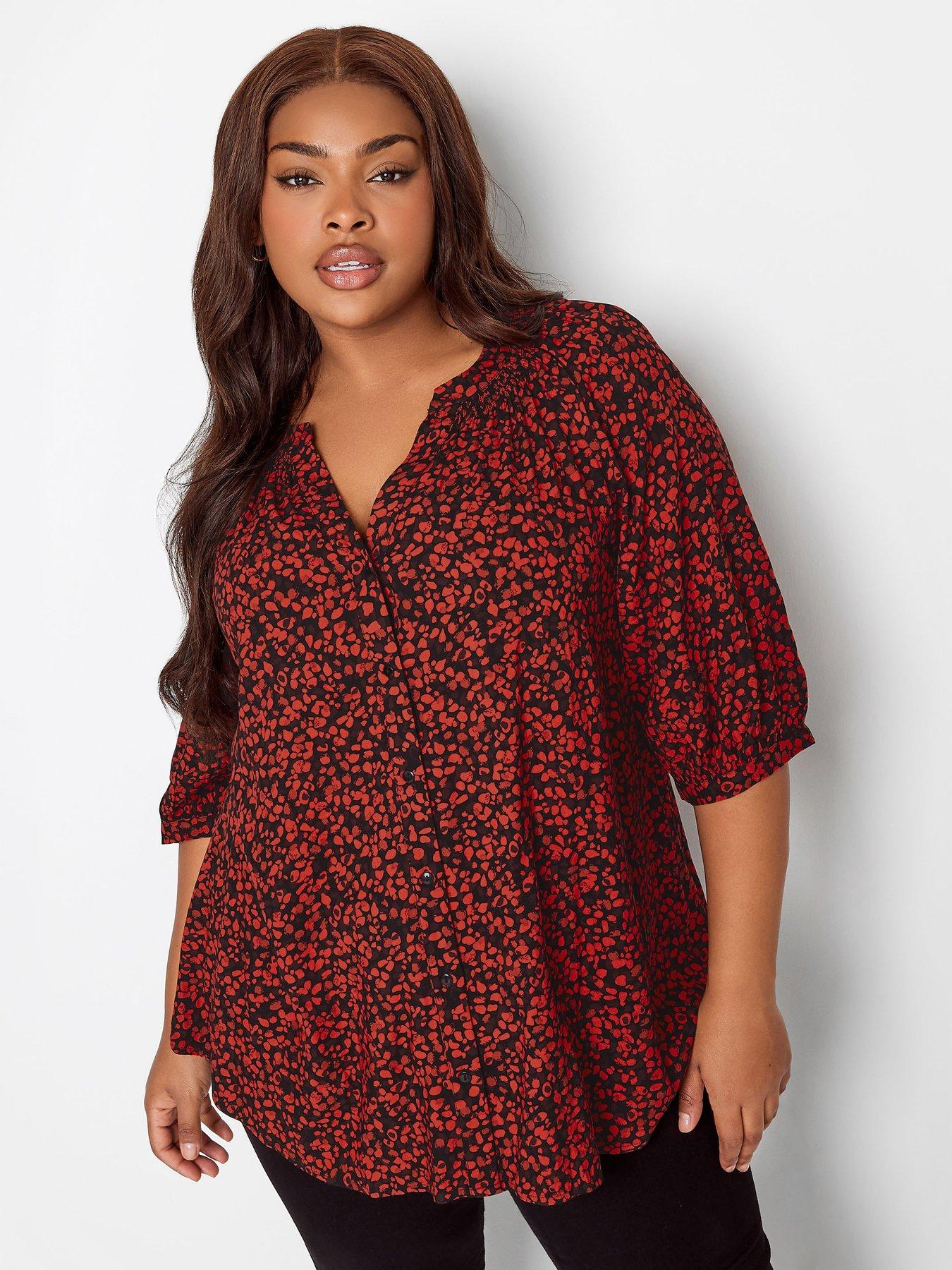 Curves Red Abstract Print Chiffon Long Sleeve Shirt