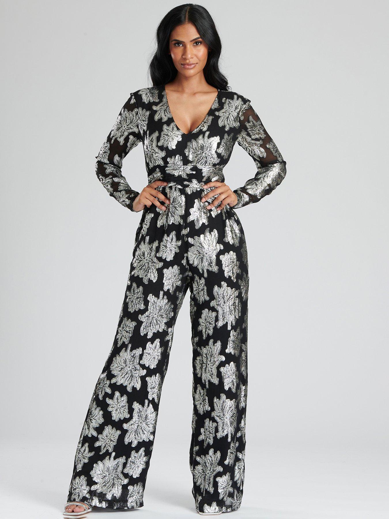  image of finding-friday-silver-metallic-flower-long-sleeve-jumpsuit