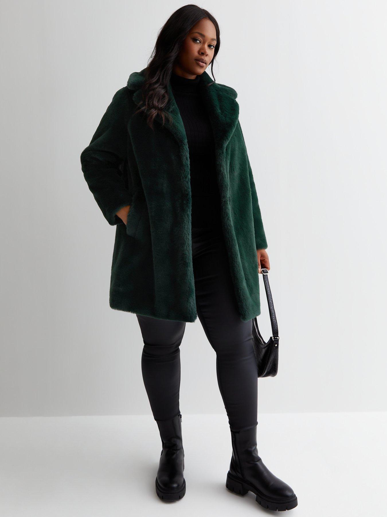 New Look Curves Dark Green Faux Fur Coat littlewoods