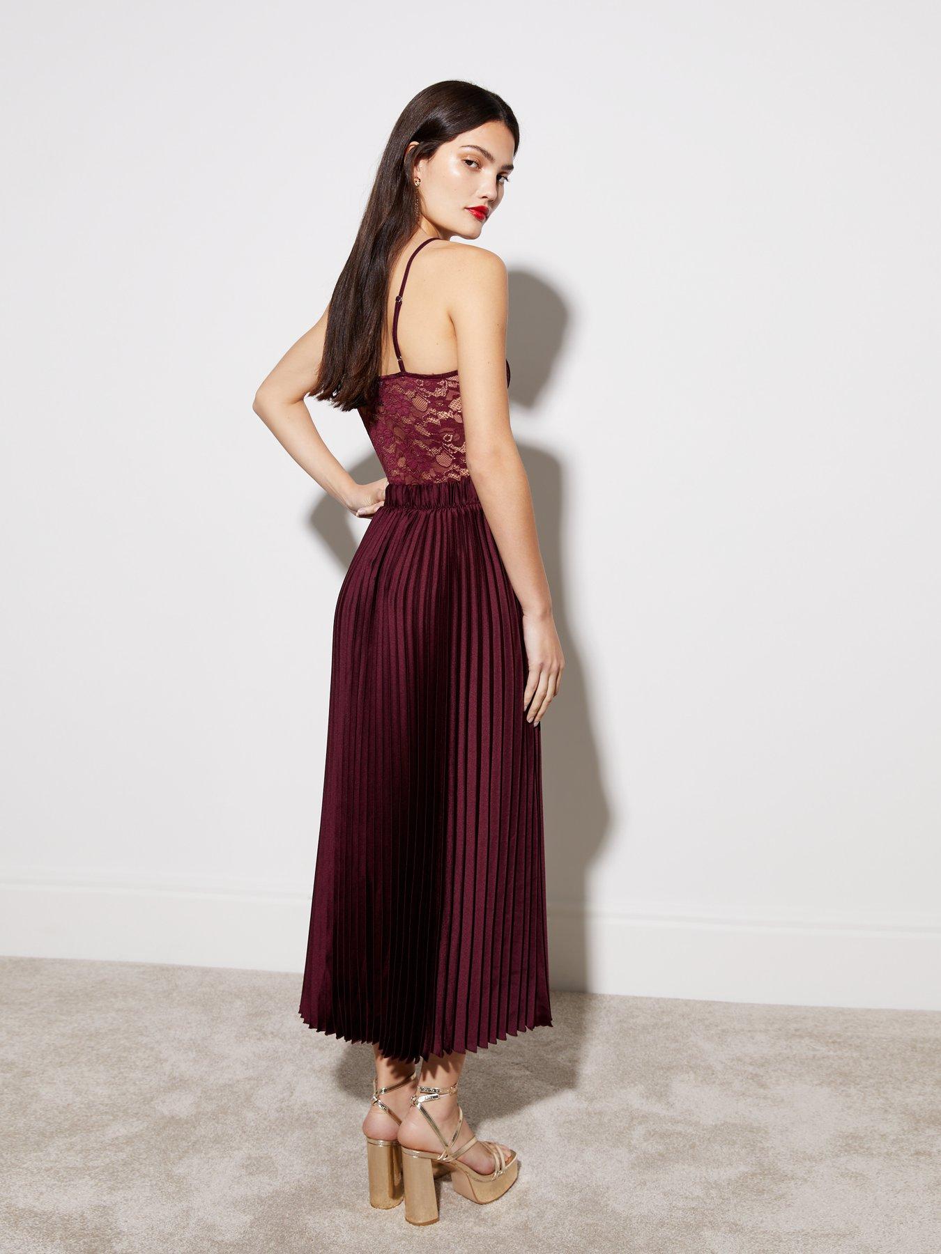 New Look Burgundy Satin Pleated Midi Skirt