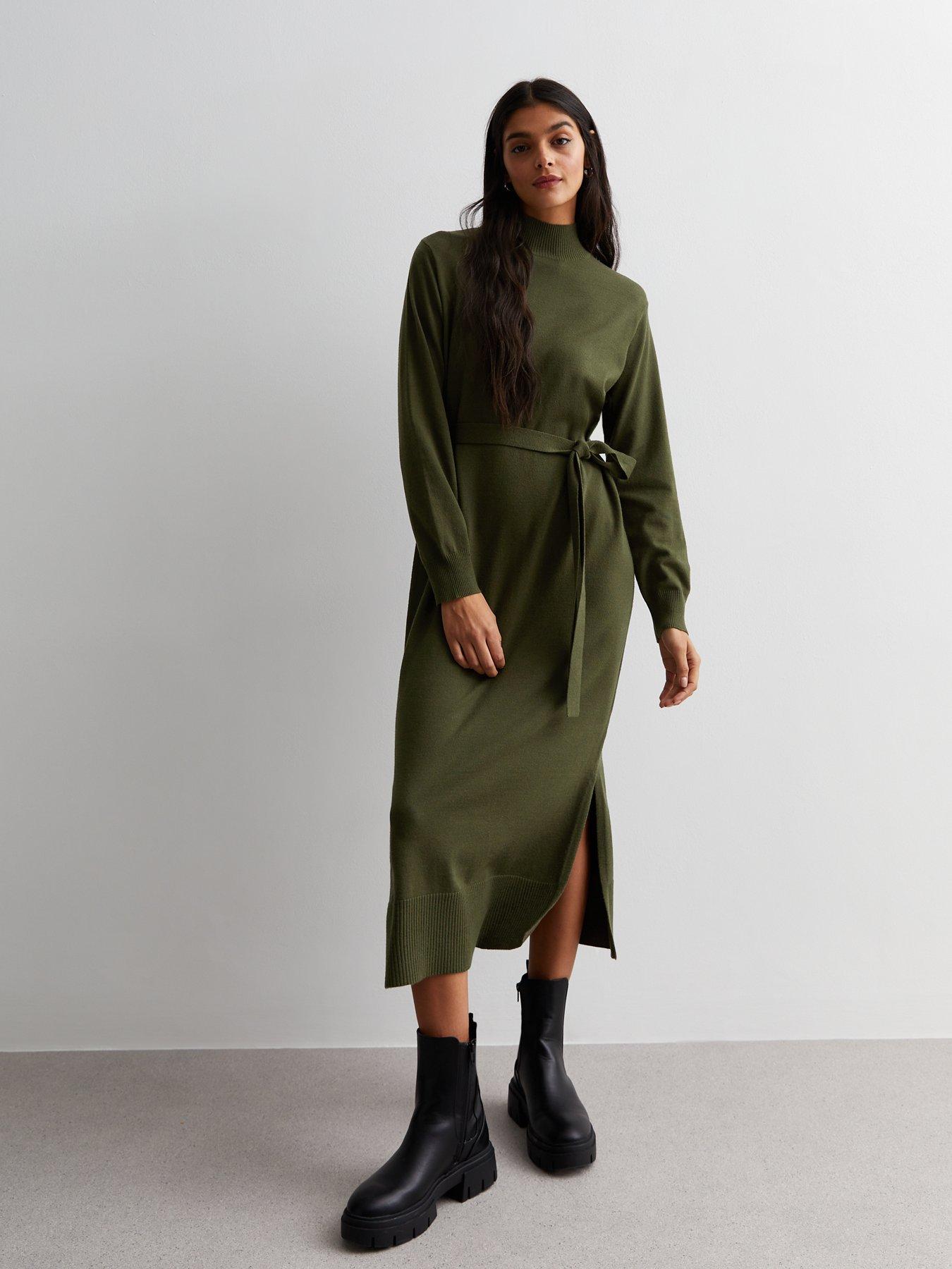 New Look Khaki High Neck Belted Split Hem Midi Dress littlewoods