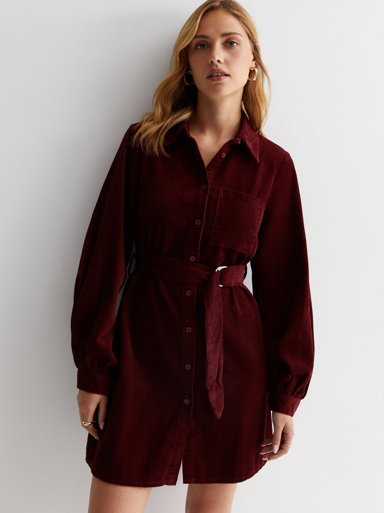 New Look Burgundy Cord Long Sleeve Belted Mini Shirt Dress