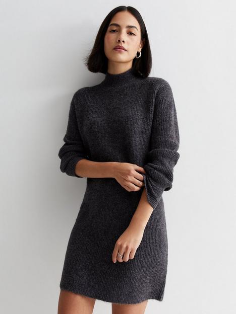 new-look-dark-grey-ribbed-knit-high-neck-mini-dress