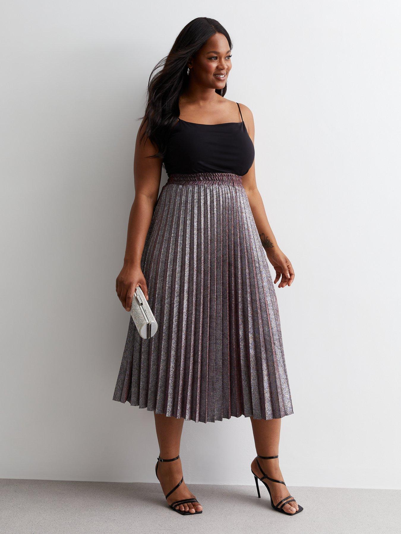 New Look Curves Burgundy Glitter Pleated Midaxi Skirt