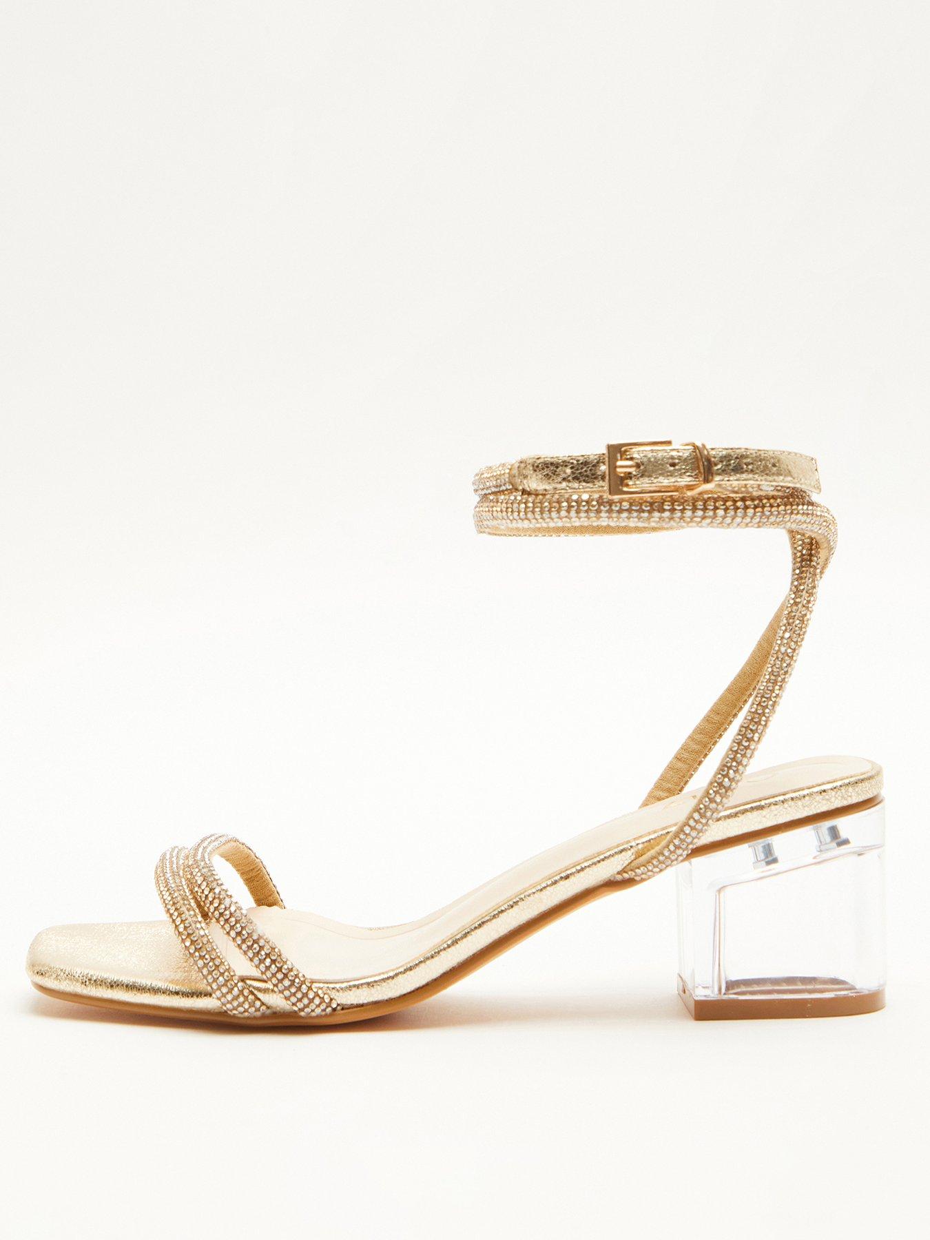 Quiz Gold Faux Leather Diamante Clear Low Heeled Sandals Littlewoods