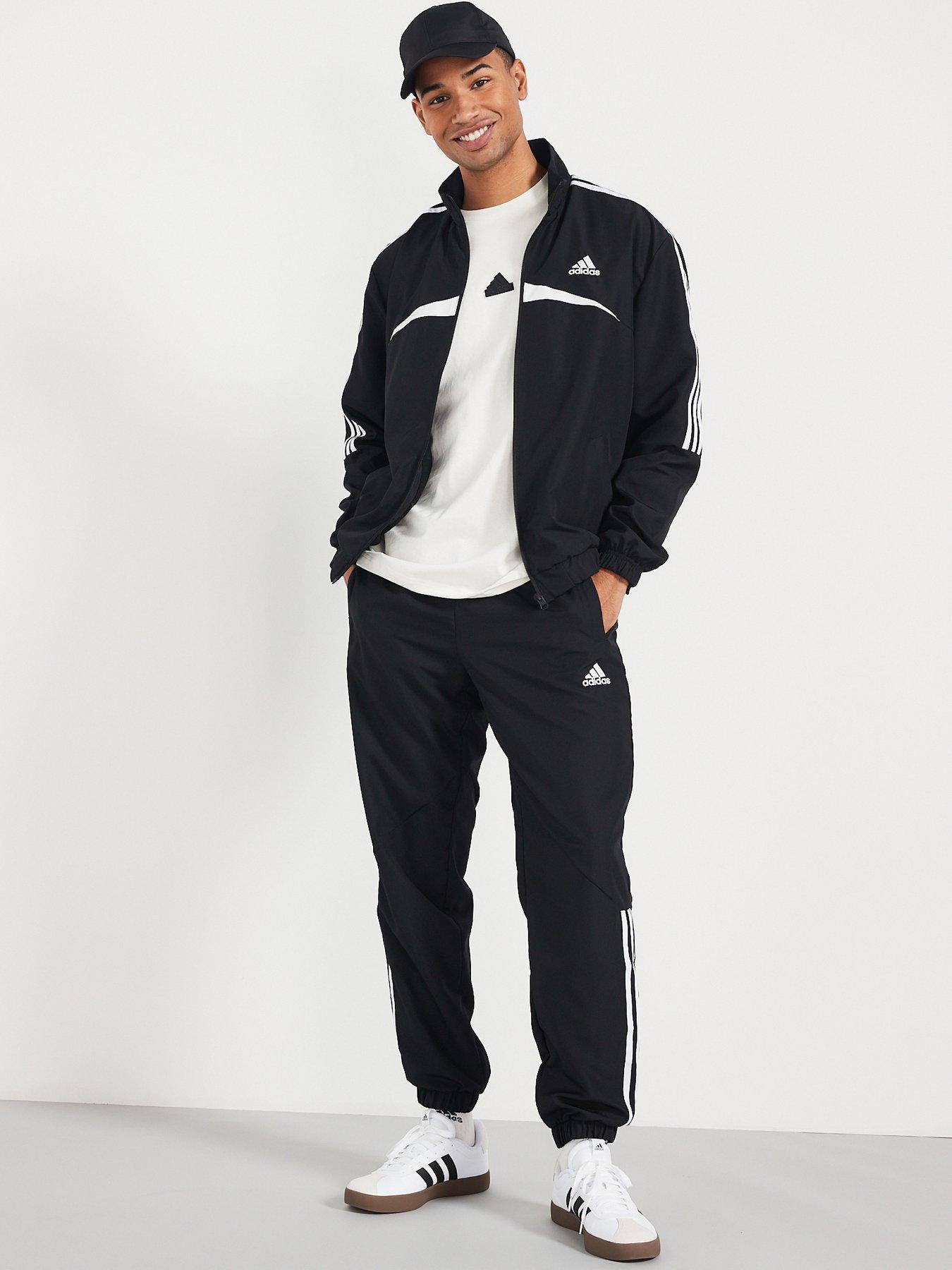 Adidas black tracksuit mens online