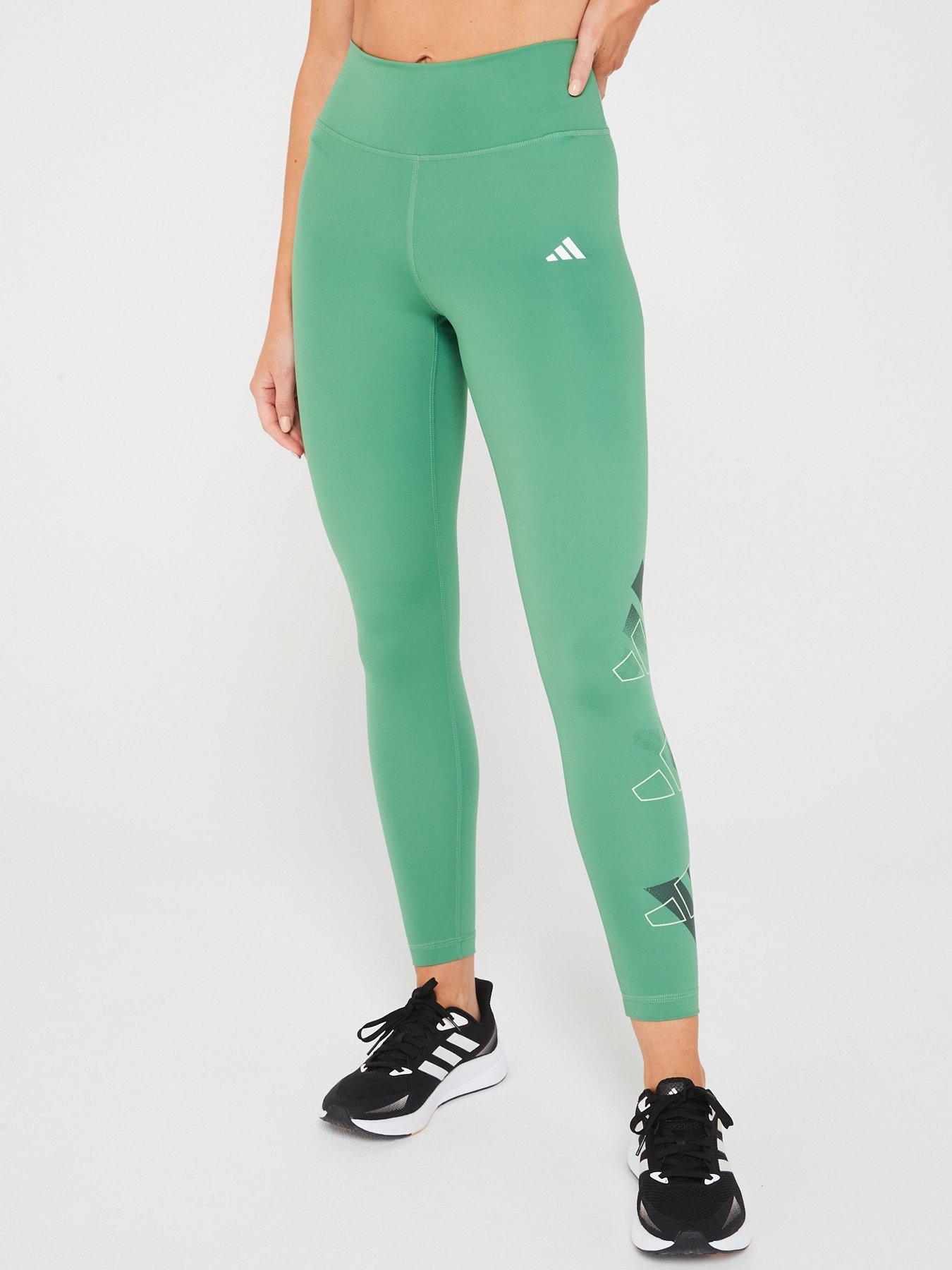 front image of adidas-womens-train-essentials-brand-love-78-tights-green