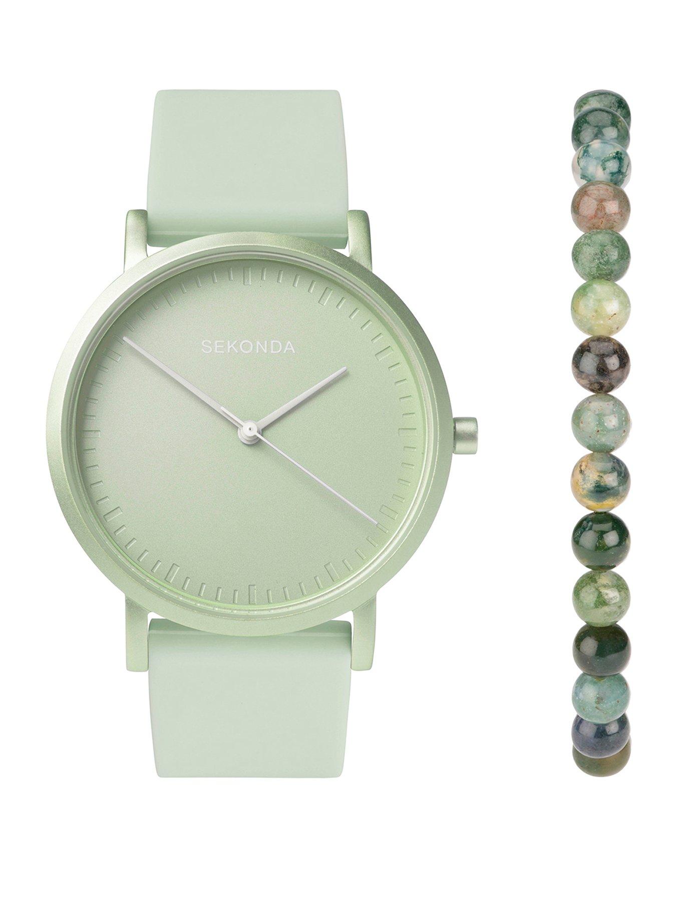 Sekonda Womens Palette Light Green Silicone Strap with Green Dial Analogue  Watch with Matching Green Moss Agate beaded bracelet Gift Set