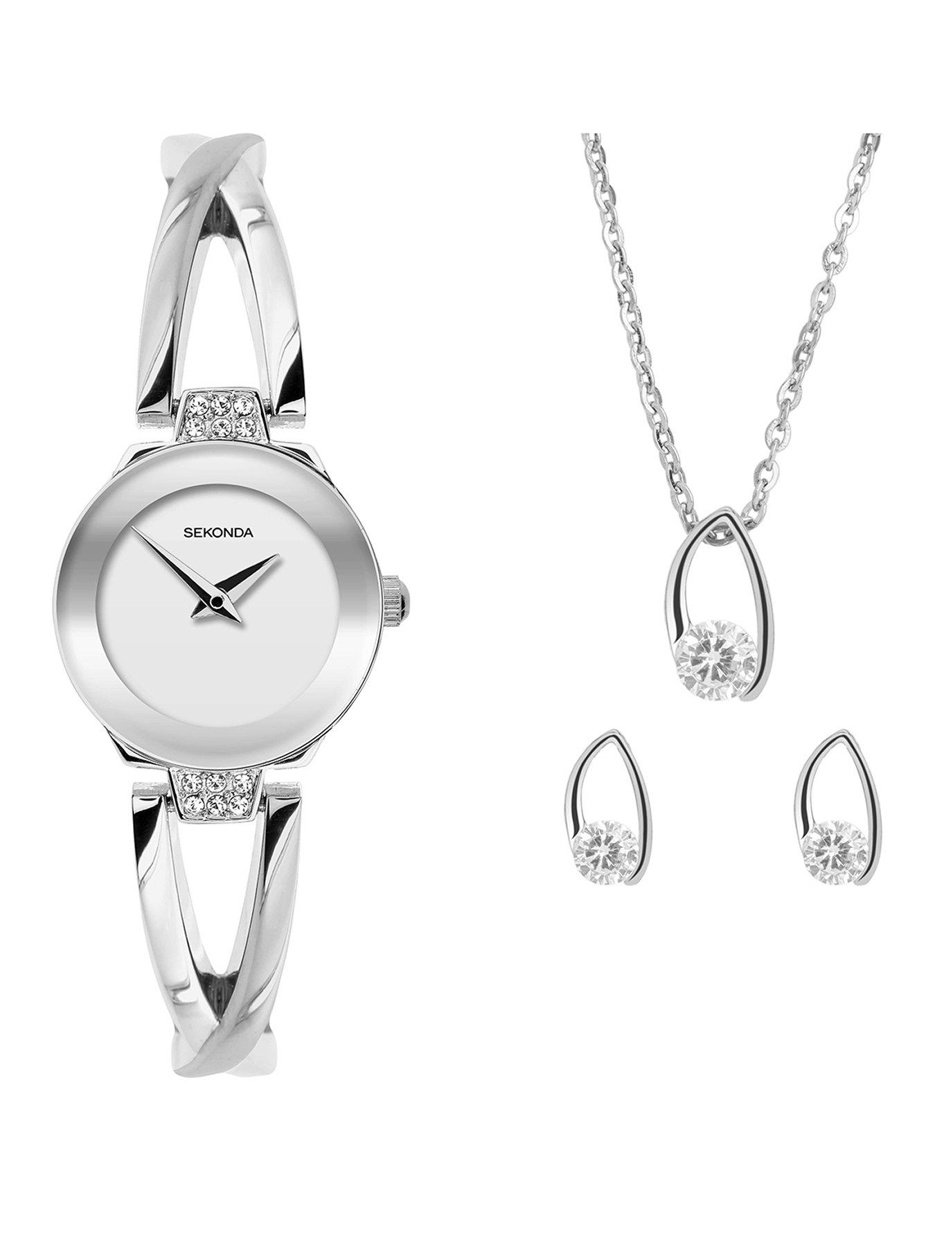 undefined Womens Silver Alloy Semi-Bangle with Silver White Dial Analogue Watch and Matching Pendant and Earrings Gift Set