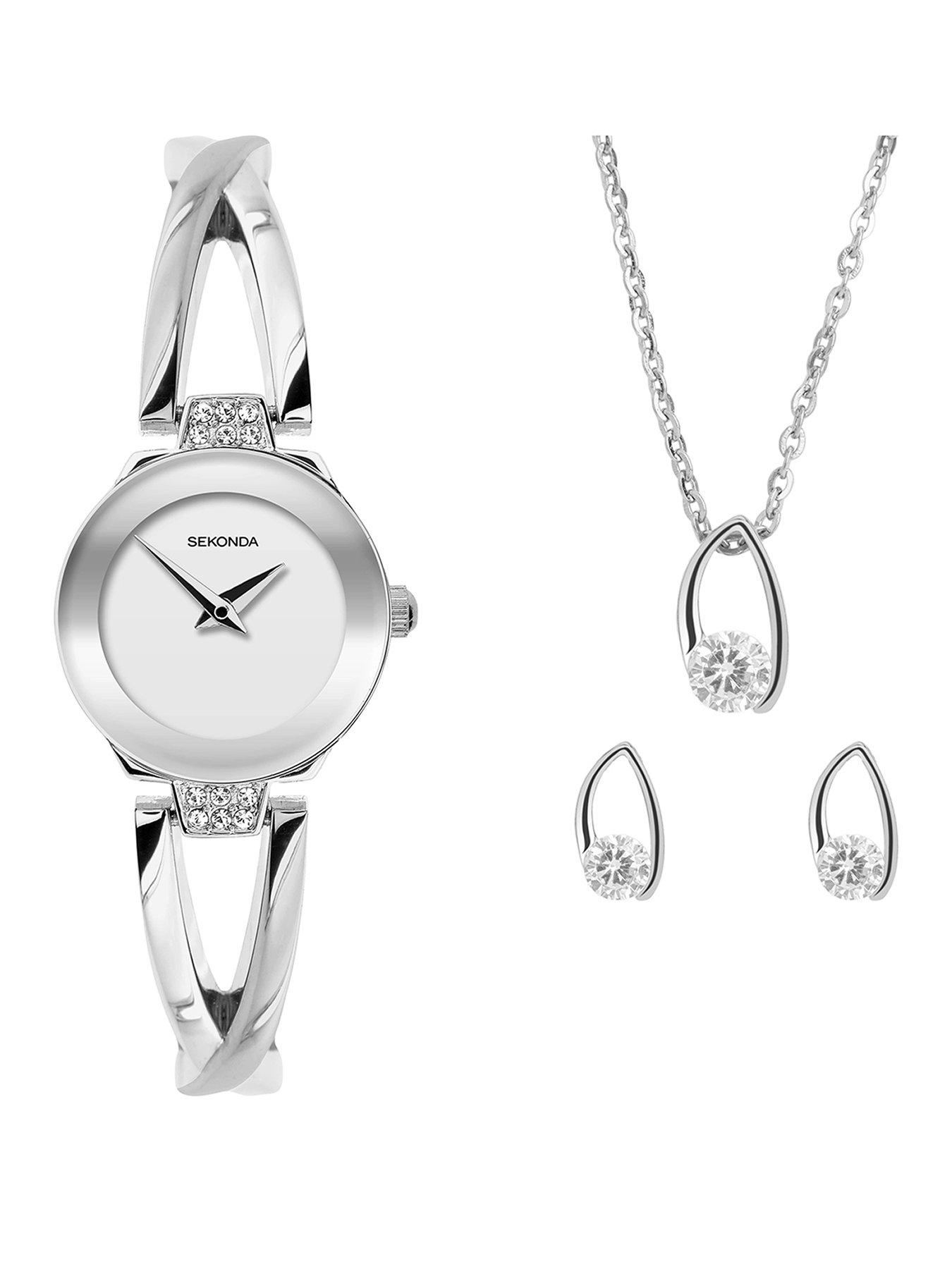 Sekonda Womens Silver Alloy Semi-Bangle with Silver White Dial Analogue Watch and Matching Pendant and Earrings Gift Set