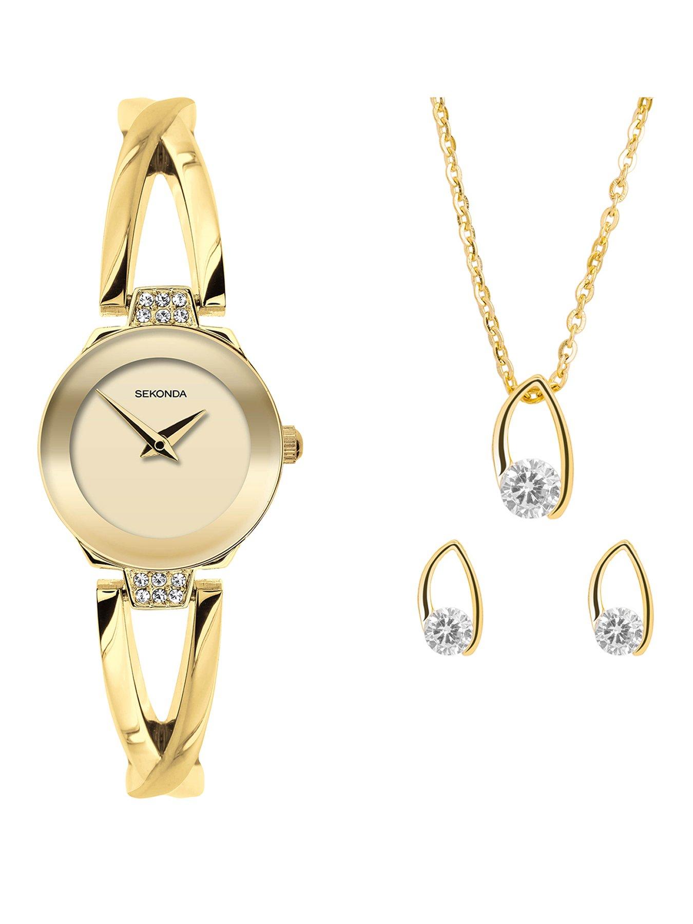 undefined Womens Gold Alloy Semi-Bangle with Champagne Dial Analogue Watch and Matching Gold Pendant and Earrings Gift Set