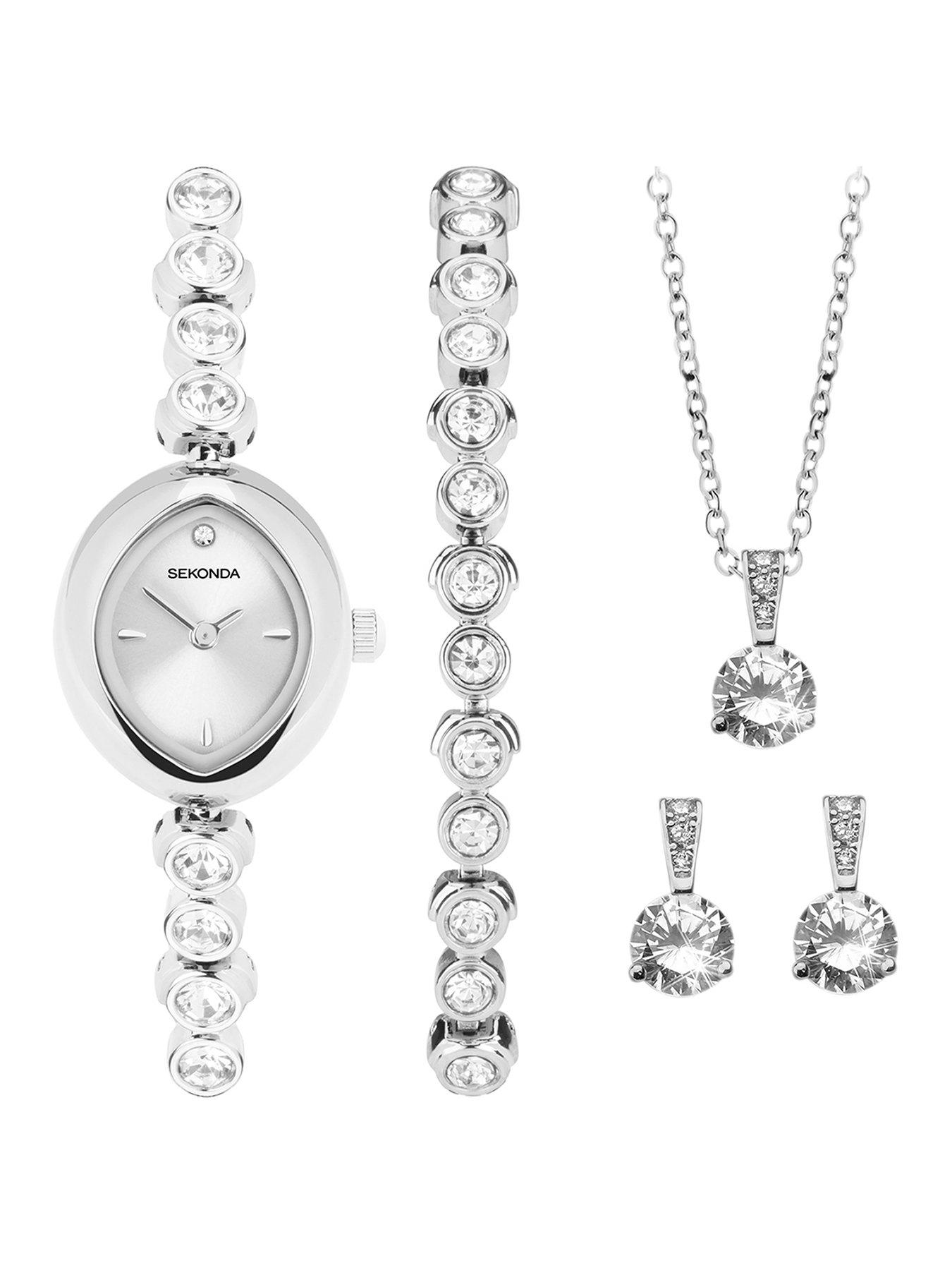 Image 1 of 7 of Sekonda Womens Silver Alloy Bracelet with Silver Dial Analogue Watch and Matching Pendant and Earrings Gift Set