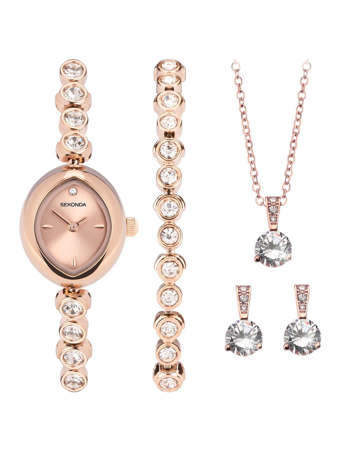 undefined Womens Rose Gold Alloy Bracelet with Rose Dial Analogue Watch and Matching Rose Gold Pendant and Earrings Gift Set