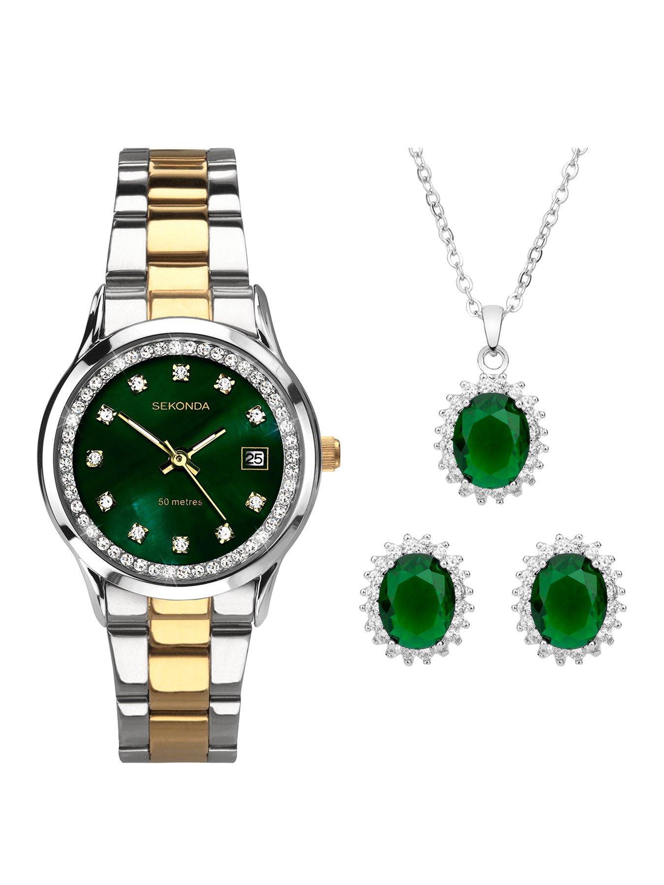 undefined Womens Catherine Two Tone Stainless Steel Bracelet with Green Dial Analogue Watch and Matching Pendant and Earrings Stone Set Gift Set