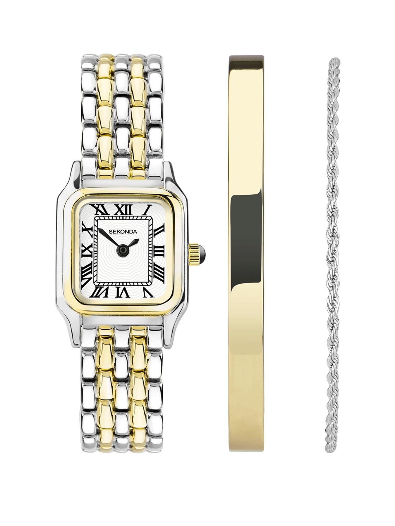 undefined Womens Monica Two Tone Bracelet with White Dial Analogue Watch and Matching Gold Bangle and Silver Bracelet Gift Set