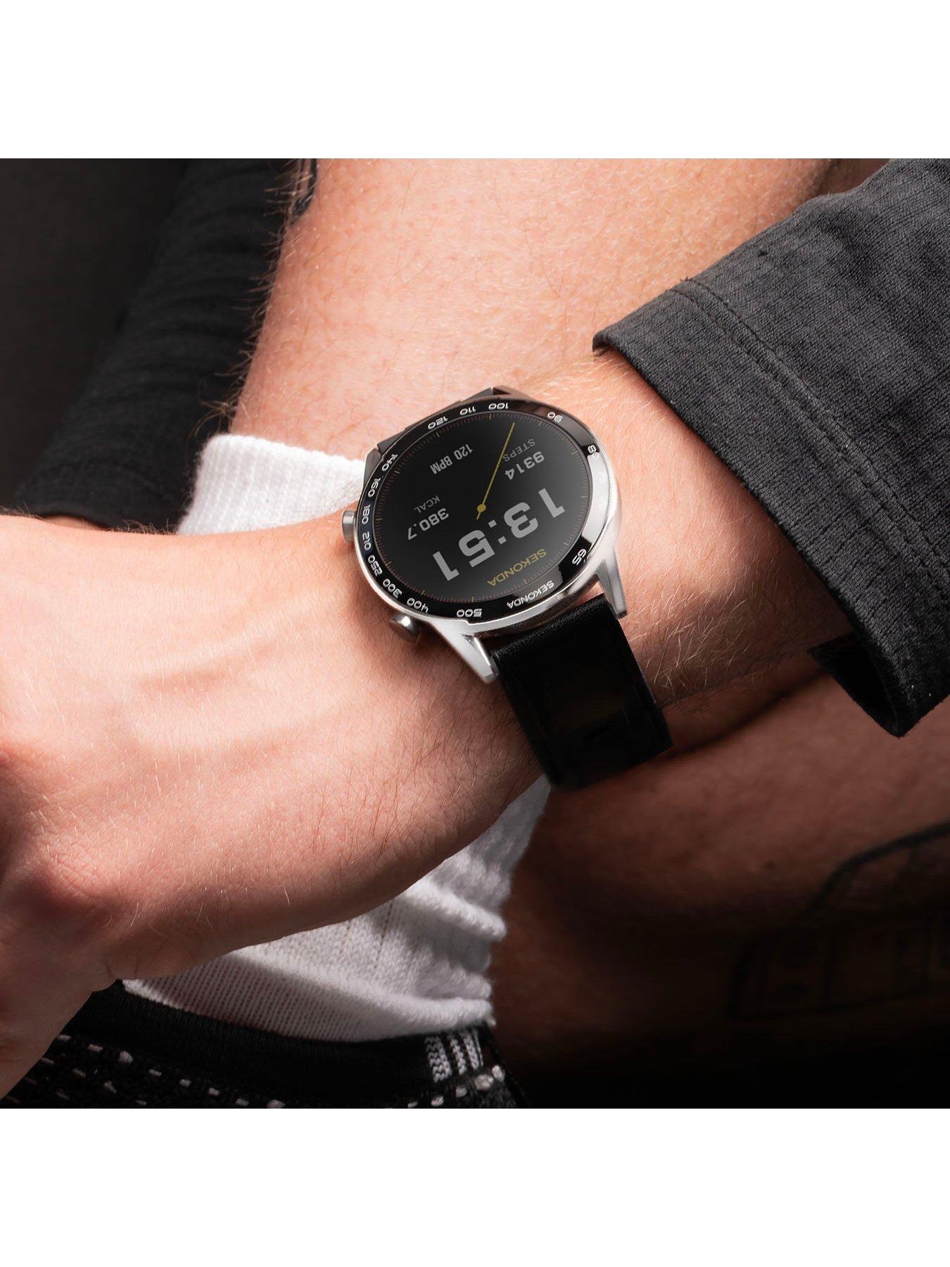  image of sekonda-mens-active-plus-black-leather-strap-smartwatch