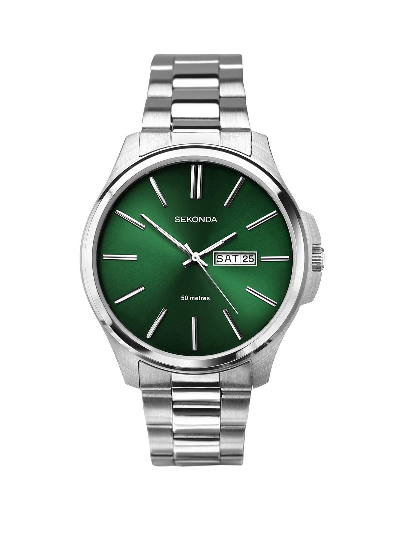 Mens silver watch cheap with green face