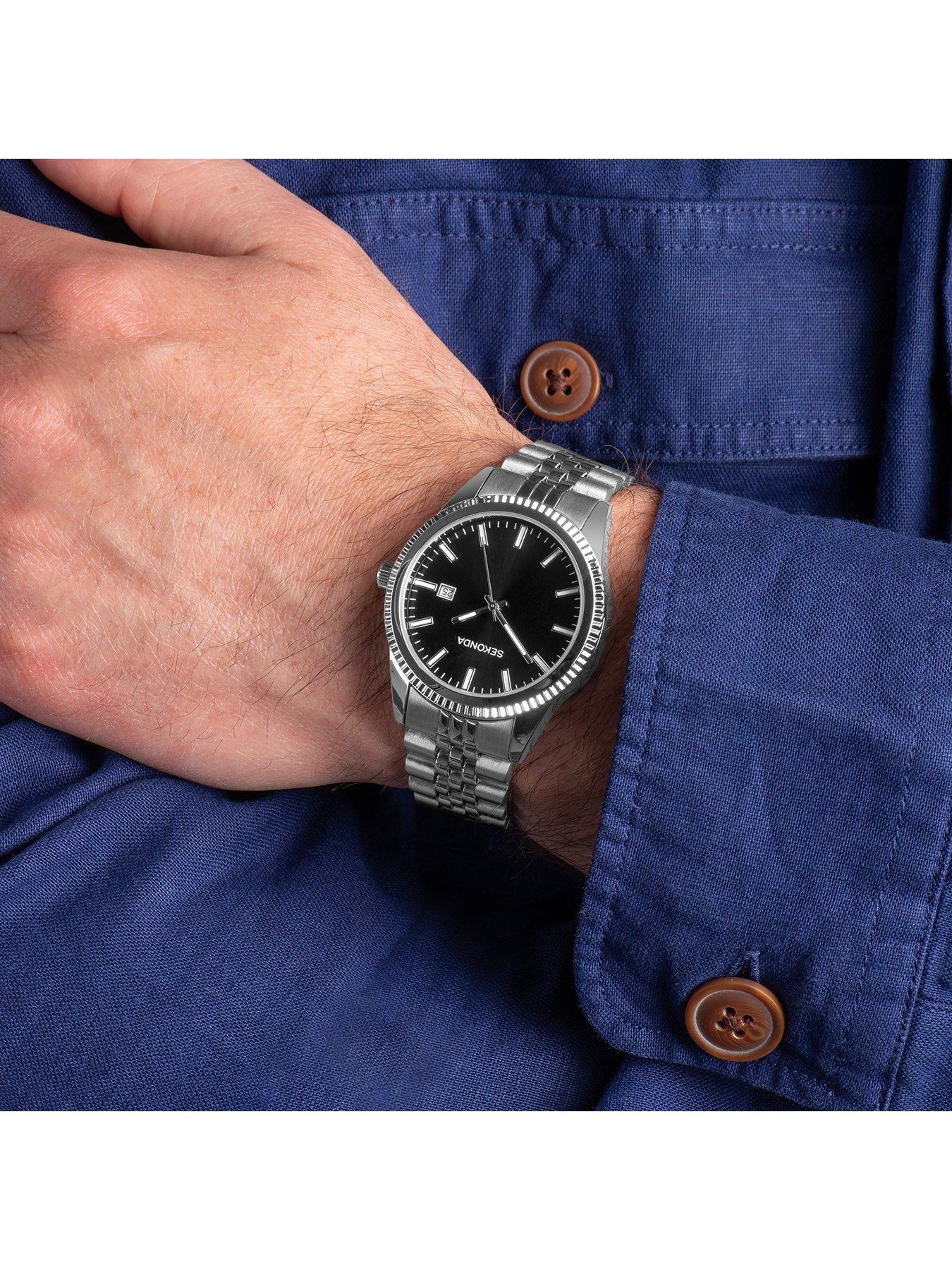  image of sekonda-mens-classic-king-silver-stainless-steel-bracelet-with-black-dial-analogue-watch
