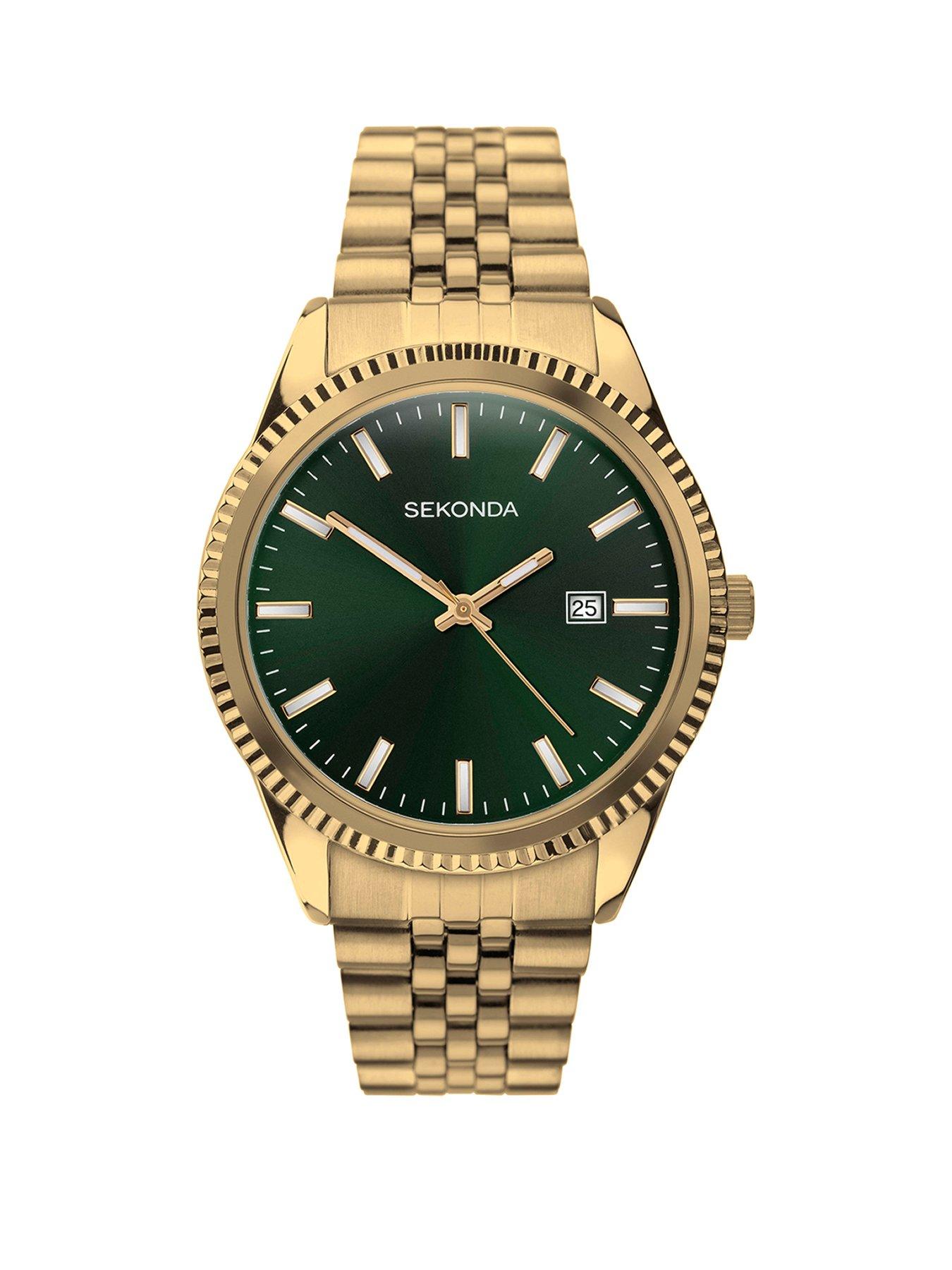 undefined Mens Classic King Gold Stainless Steel Bracelet with Green Dial Analogue Watch
