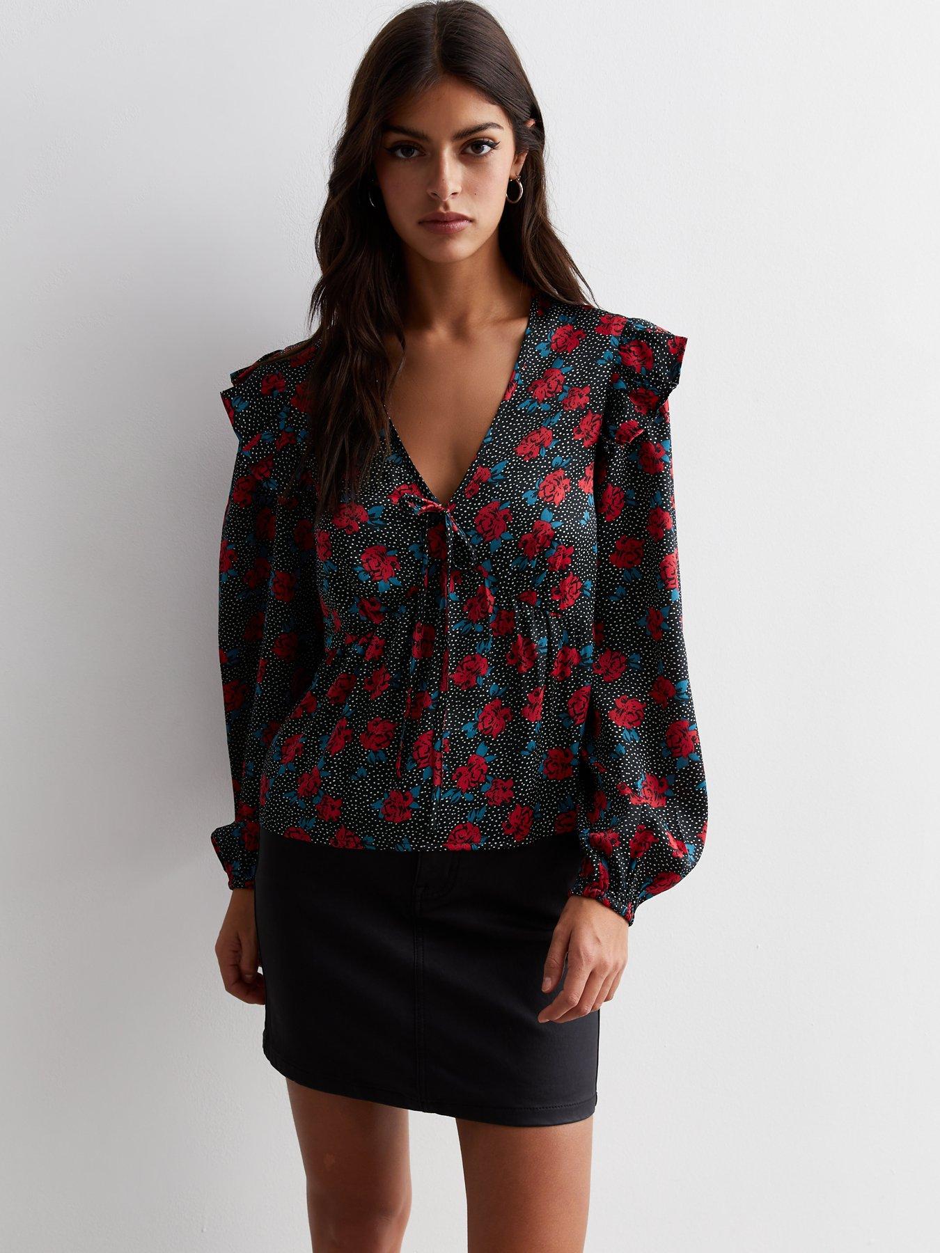 undefined Black Spot and Rose Print Satin Ruffle Tie Blouse