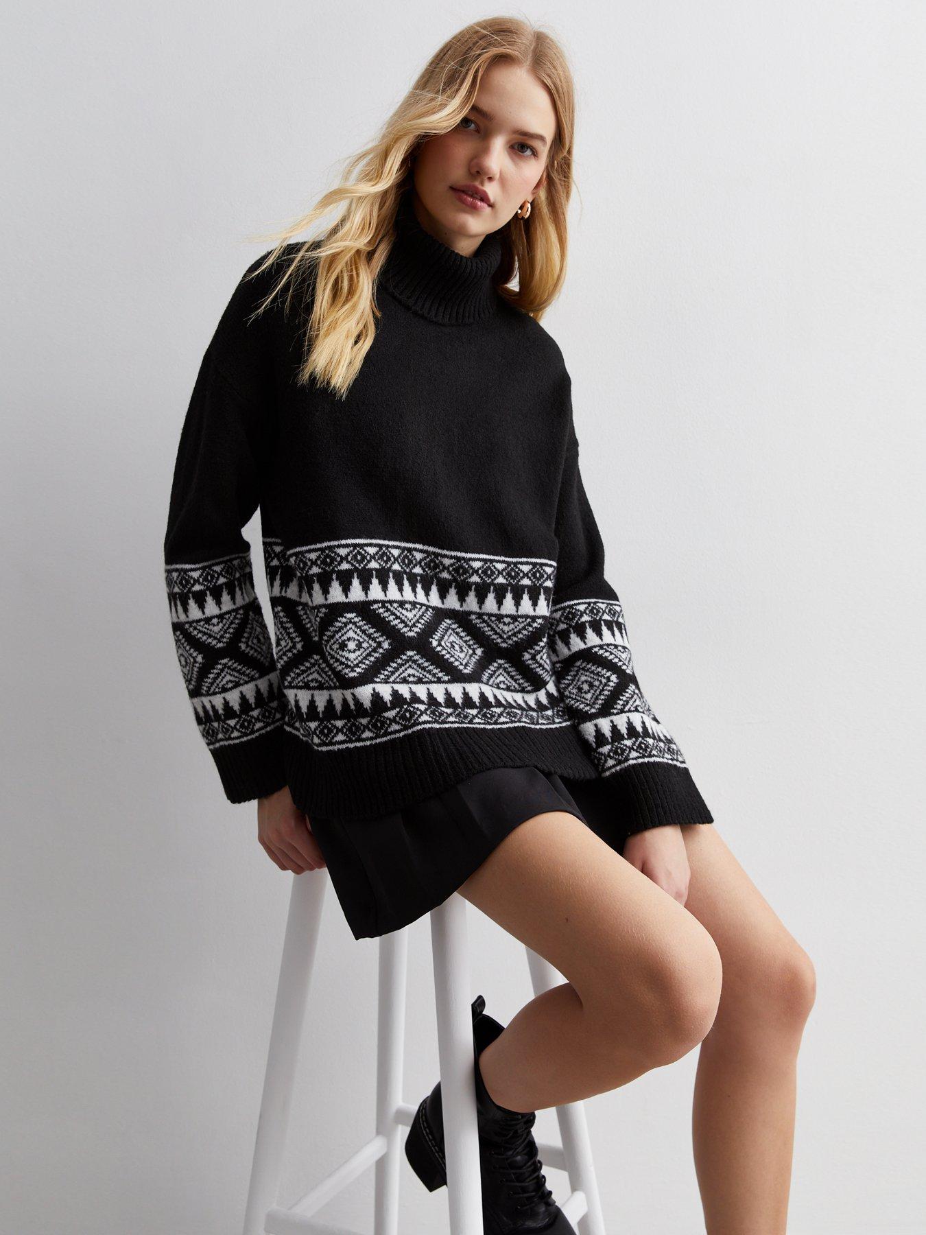 New Look Black Pattern Hem Roll Neck Mini Jumper Dress