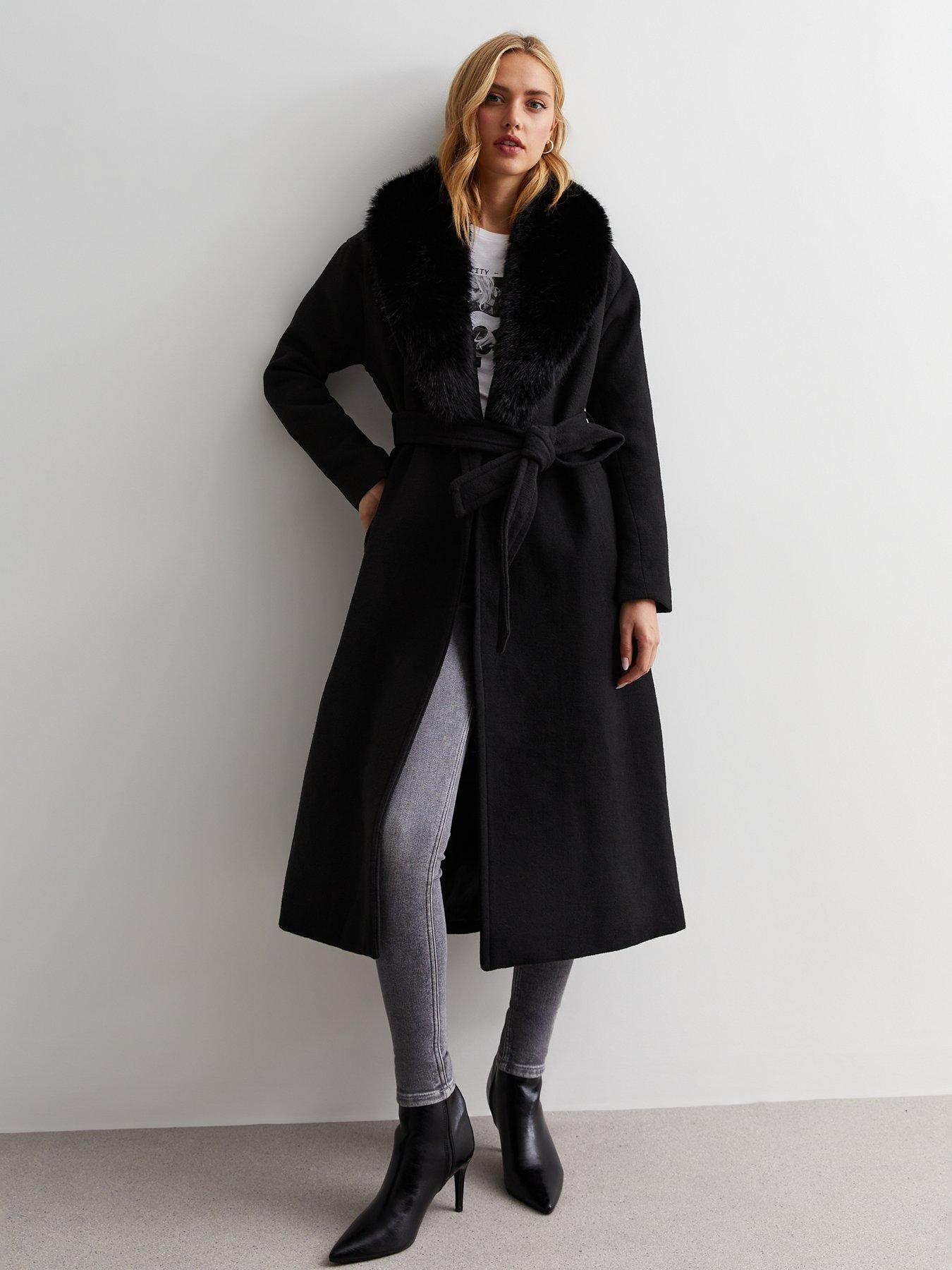 Black faux fur collar swing clearance coat