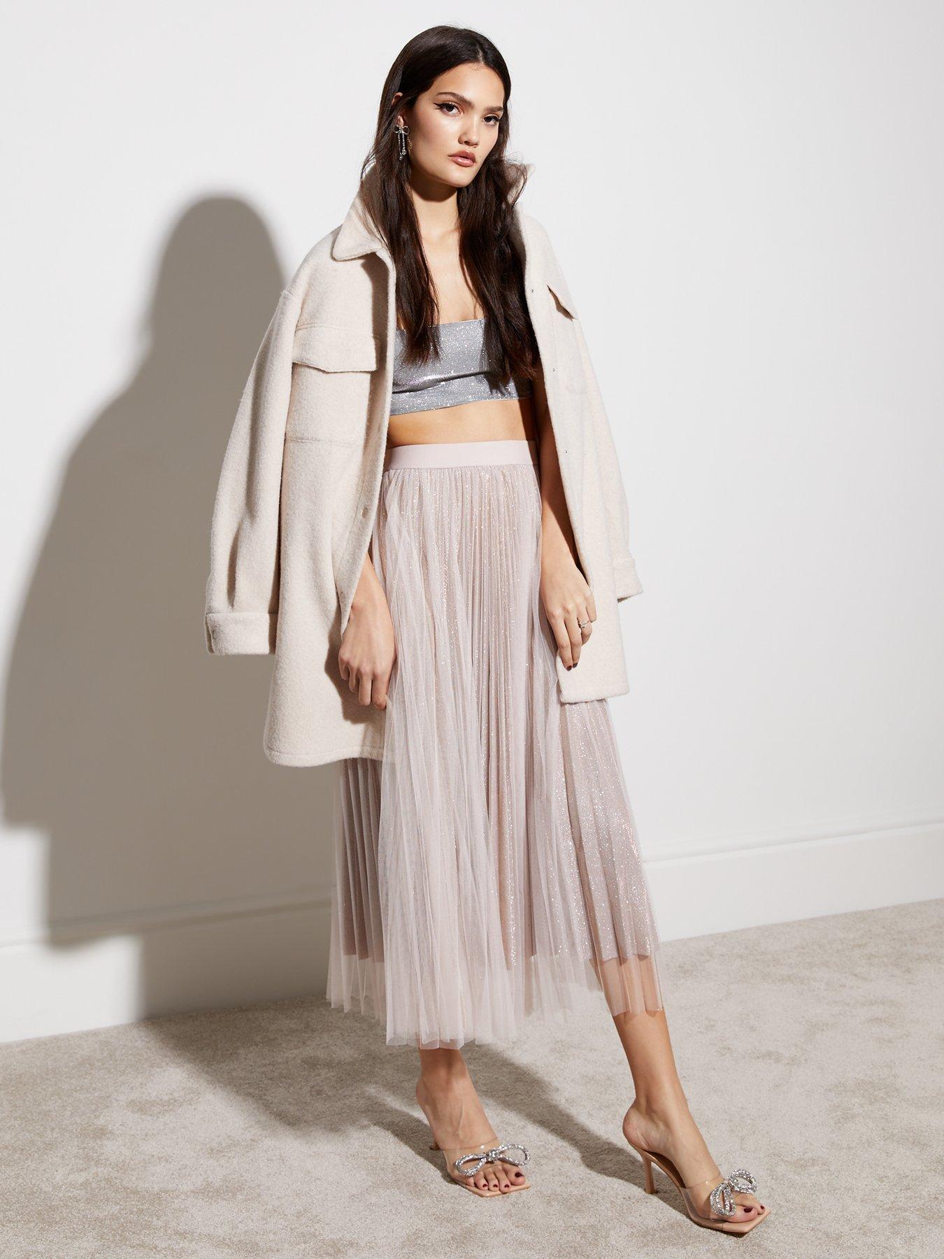 Mid Pink Glitter Mesh Pleated Midaxi Skirt